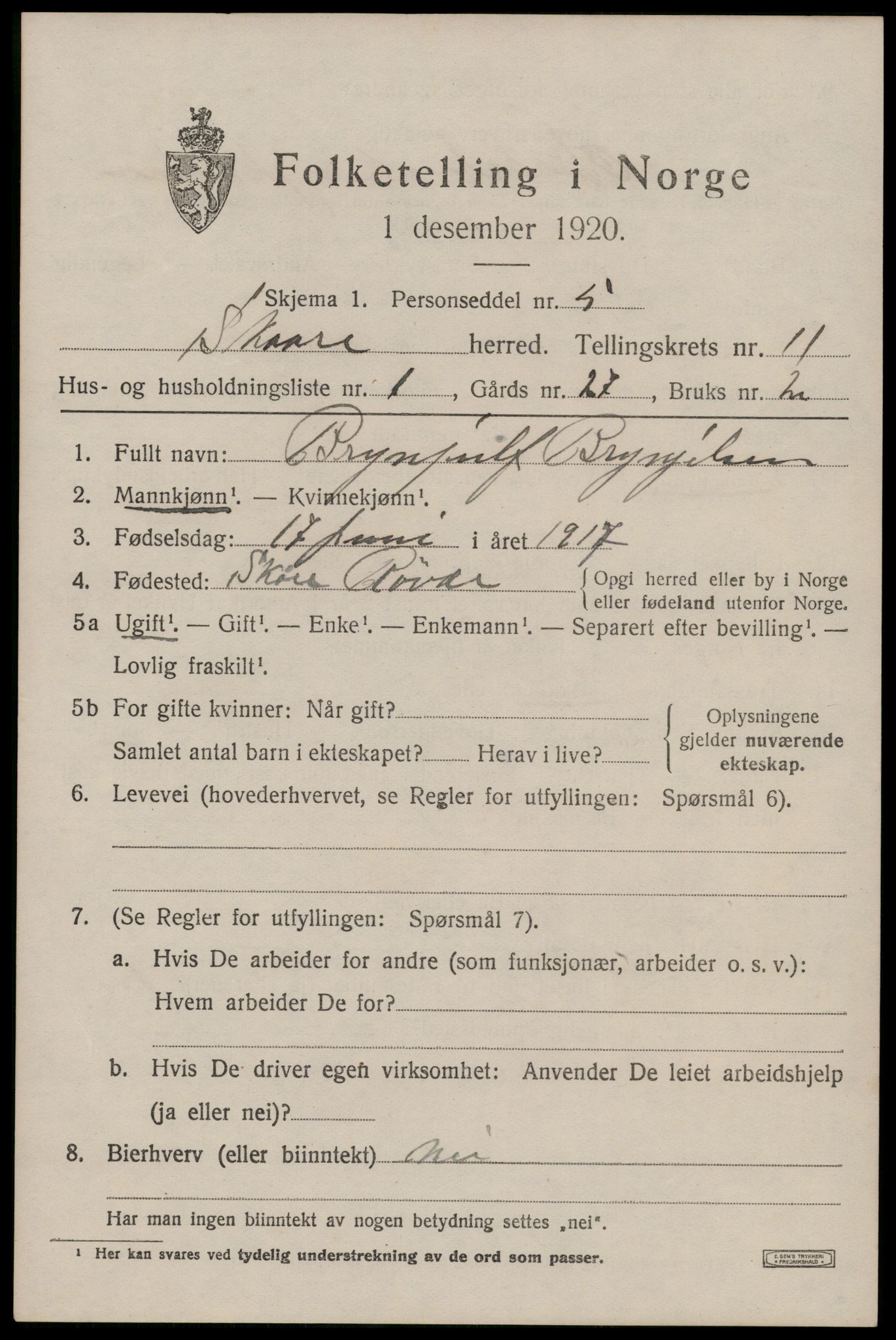 SAST, Folketelling 1920 for 1153 Skåre herred, 1920, s. 8284