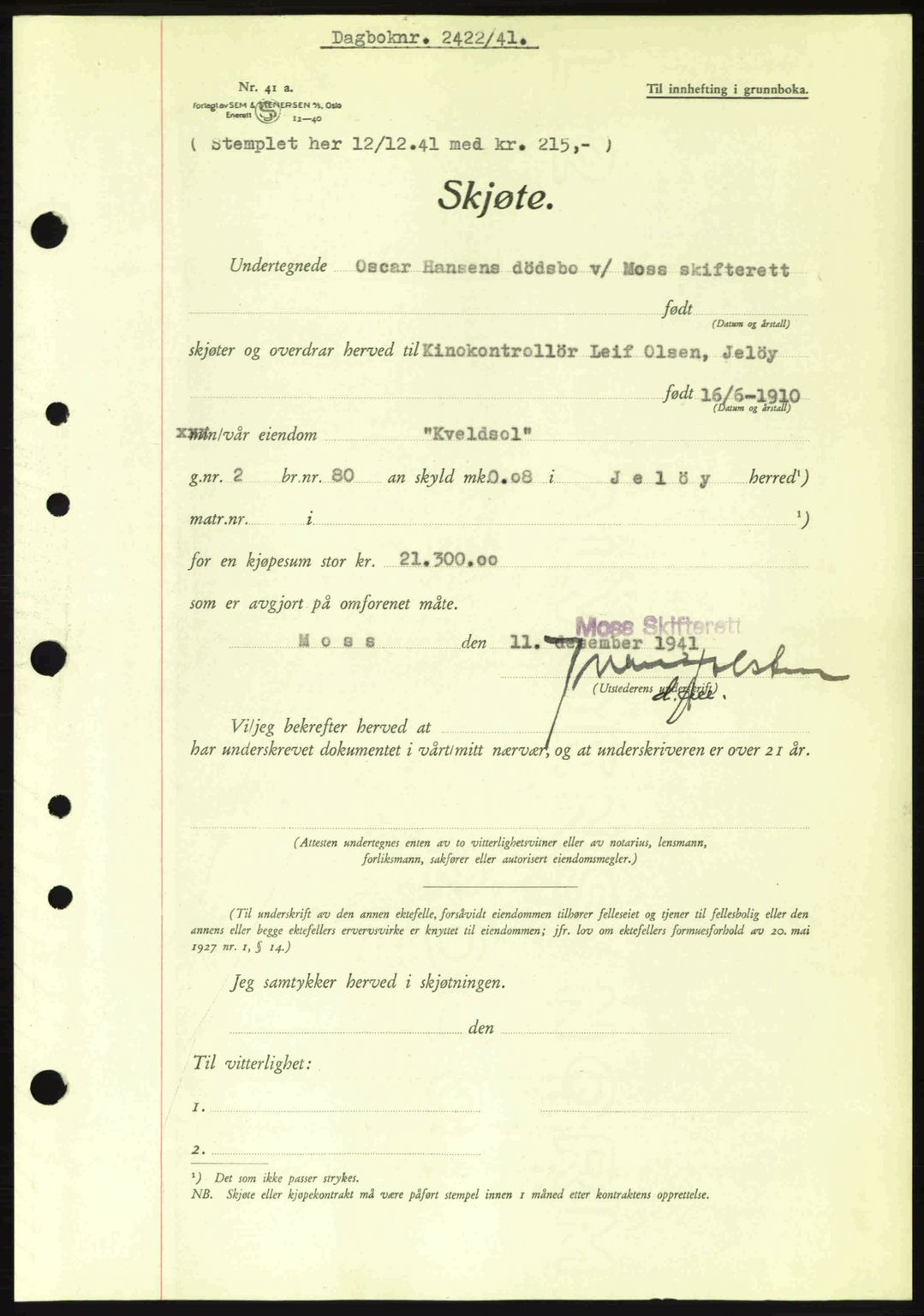 Moss sorenskriveri, SAO/A-10168: Pantebok nr. A9, 1941-1942, Dagboknr: 2422/1941
