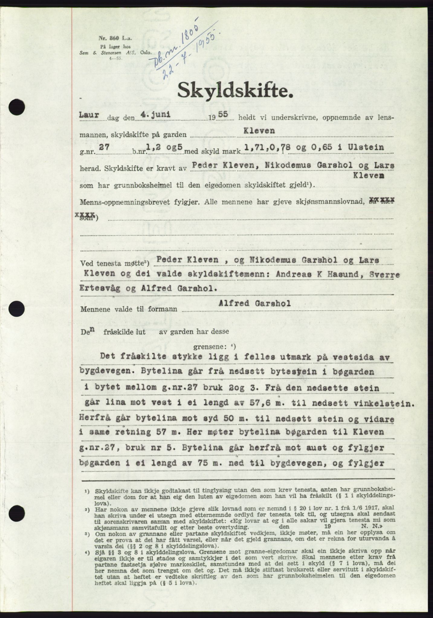 Søre Sunnmøre sorenskriveri, AV/SAT-A-4122/1/2/2C/L0101: Pantebok nr. 27A, 1955-1955, Dagboknr: 1805/1955