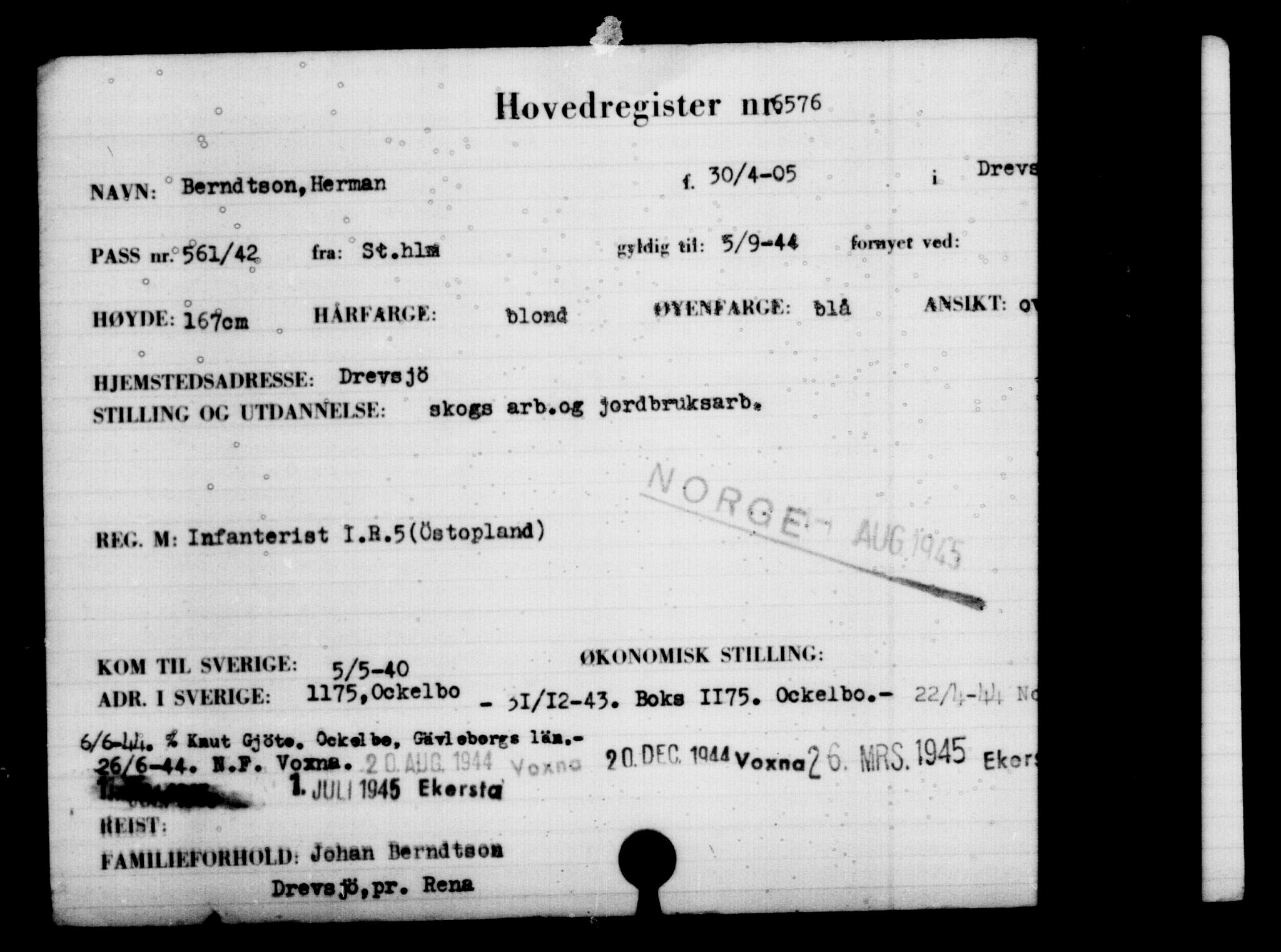 Utenriksstasjonene, Legasjonen i Stockholm, Flyktningkontoret, AV/RA-S-6753/V/Va/L0004: Kjesäterkartoteket, flyktninger med registreringsnr. 3496-6610, 1940-1945, s. 3640