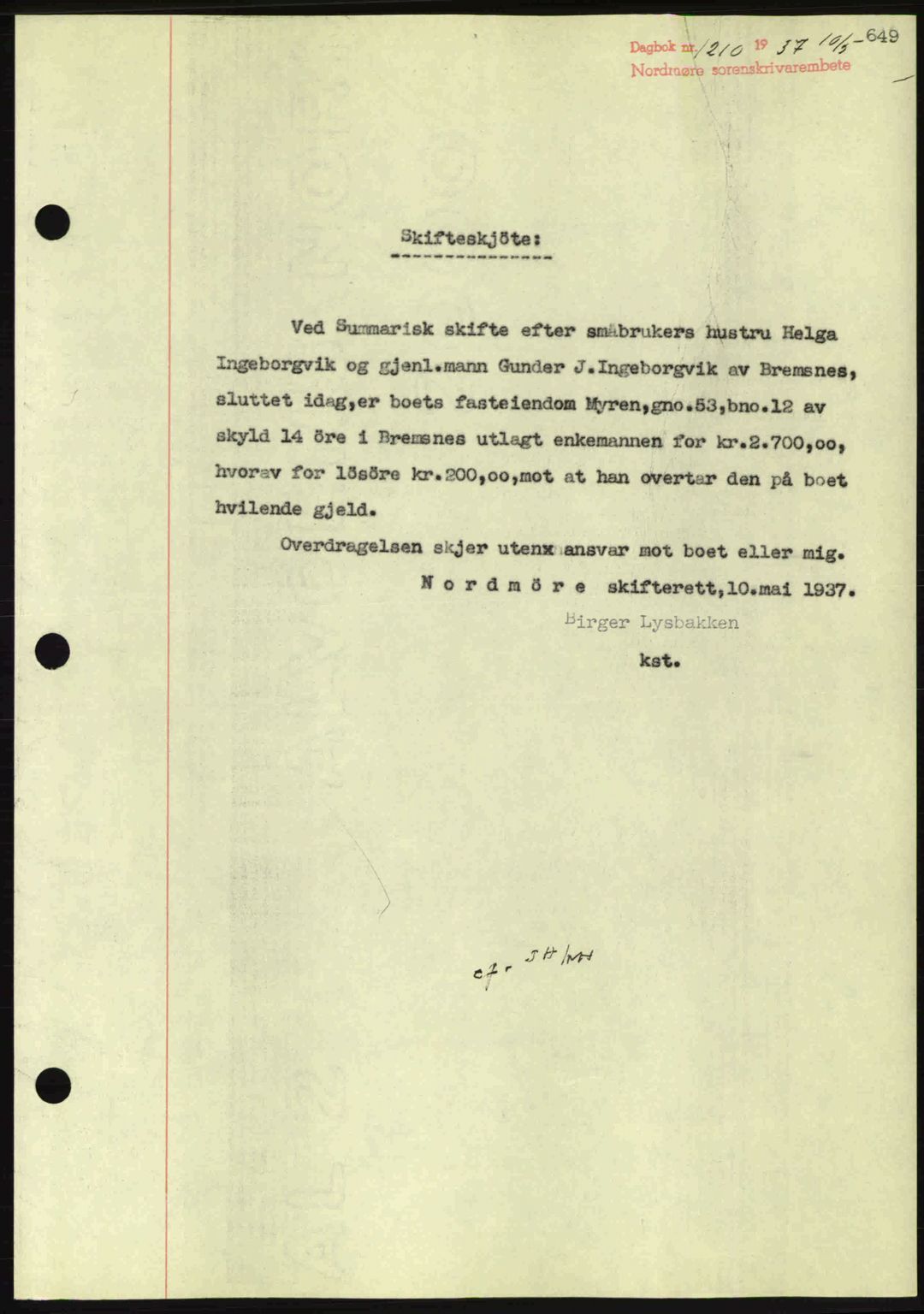 Nordmøre sorenskriveri, SAT/A-4132/1/2/2Ca: Pantebok nr. A81, 1937-1937, Dagboknr: 1210/1937