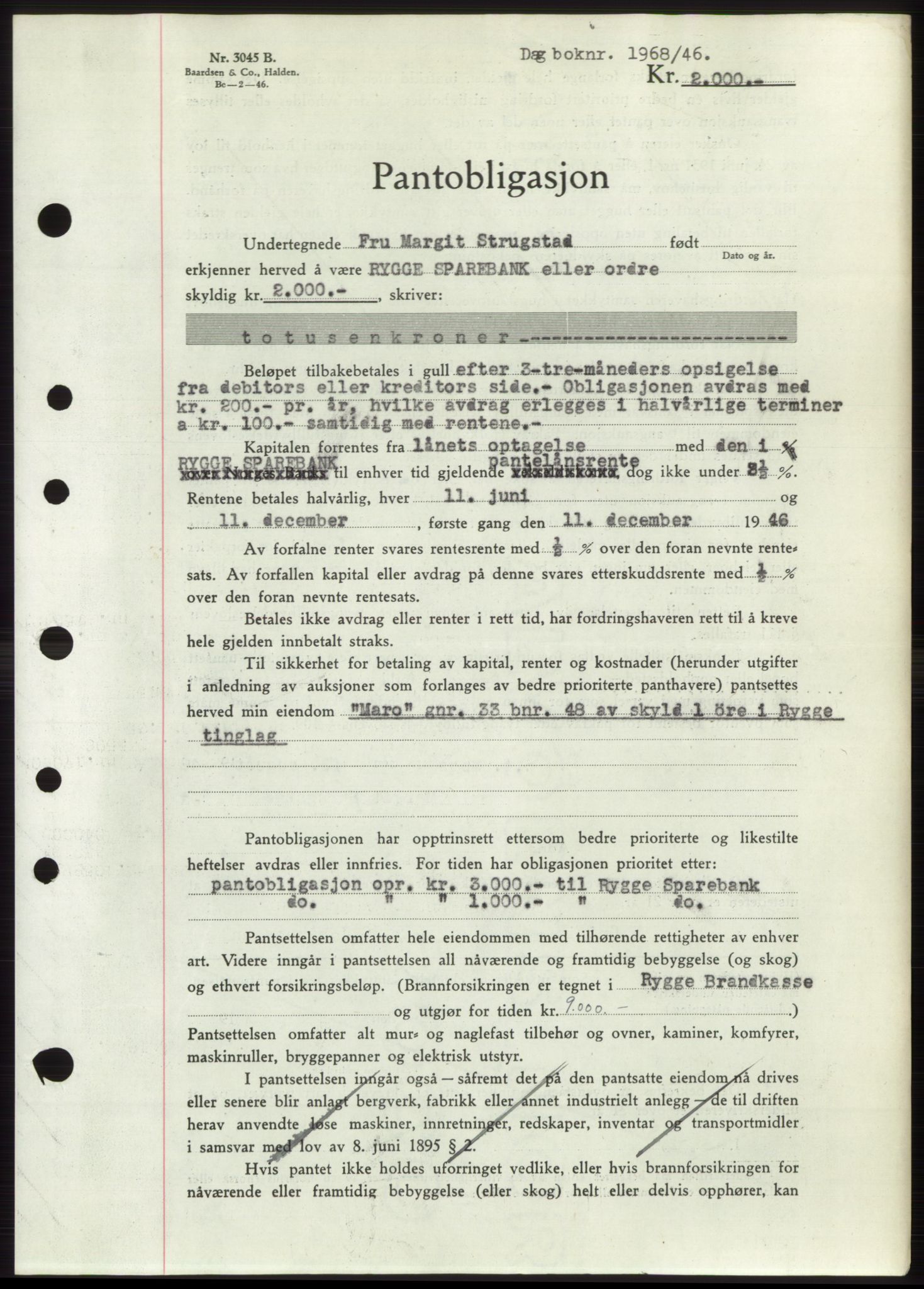 Moss sorenskriveri, SAO/A-10168: Pantebok nr. B15, 1946-1946, Dagboknr: 1968/1946