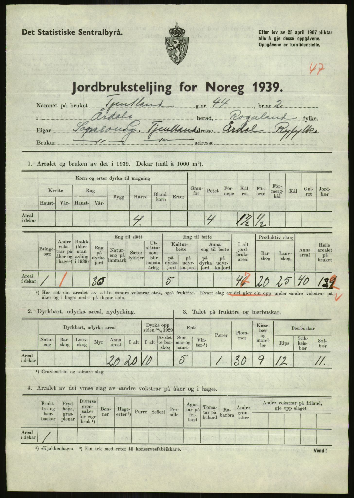 Statistisk sentralbyrå, Næringsøkonomiske emner, Jordbruk, skogbruk, jakt, fiske og fangst, AV/RA-S-2234/G/Gb/L0184: Rogaland: Årdal, Fister og Hjelmeland, 1939, s. 679