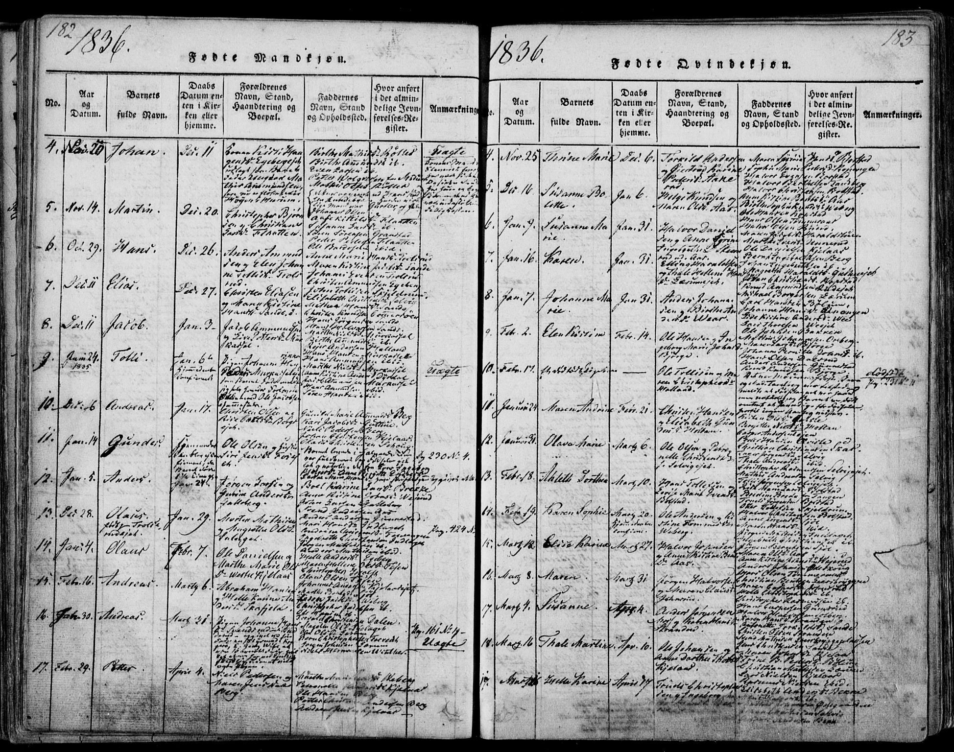 Sande Kirkebøker, AV/SAKO-A-53/F/Fa/L0003: Ministerialbok nr. 3, 1814-1847, s. 182-183