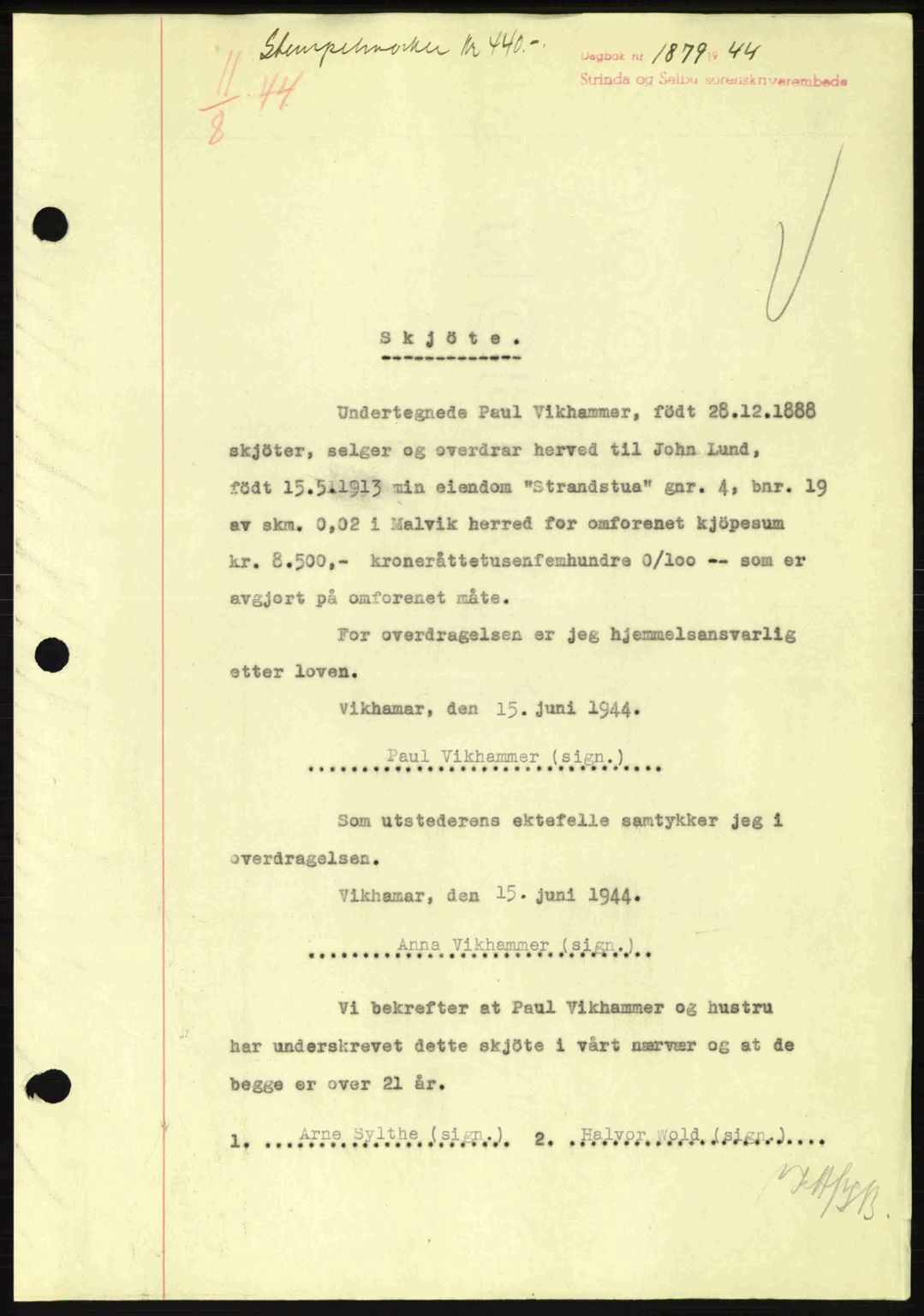 Strinda og Selbu sorenskriveri, SAT/A-0015/2/2C: Pantebok nr. A9, 1944-1945, Dagboknr: 1879/1944