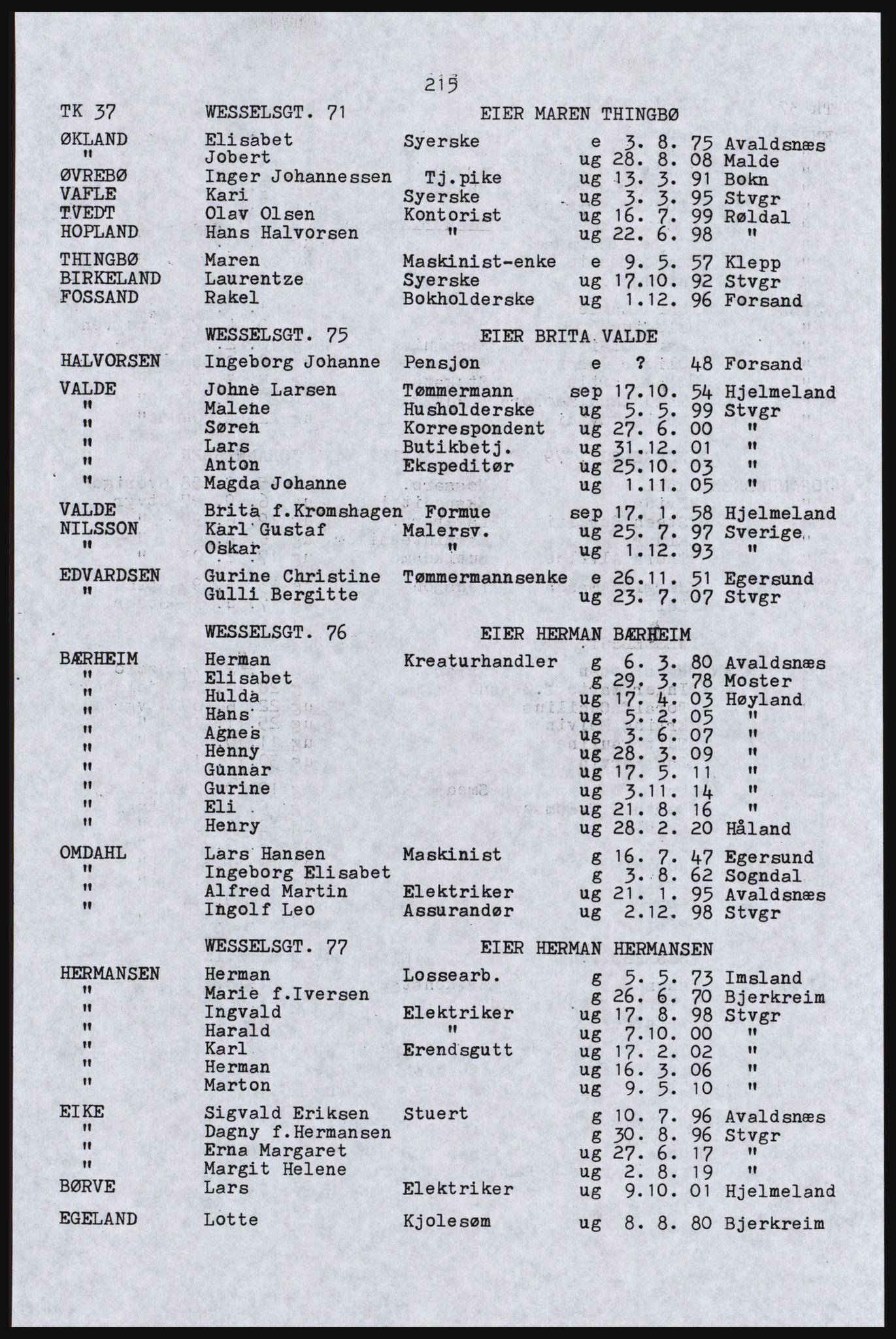 SAST, Avskrift av folketellingen 1920 for Stavanger kjøpstad, 1920, s. 221