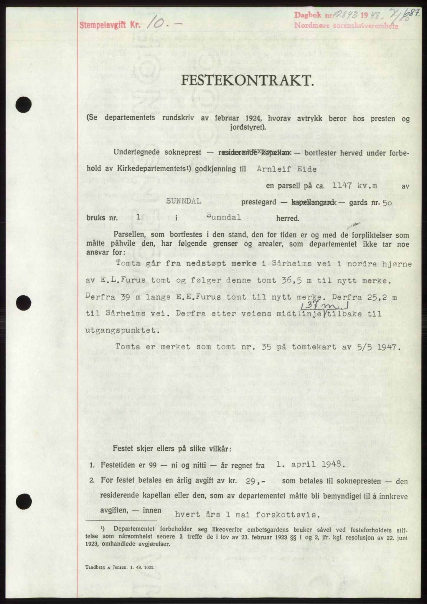 Nordmøre sorenskriveri, SAT/A-4132/1/2/2Ca: Pantebok nr. B99, 1948-1948, Dagboknr: 2843/1948