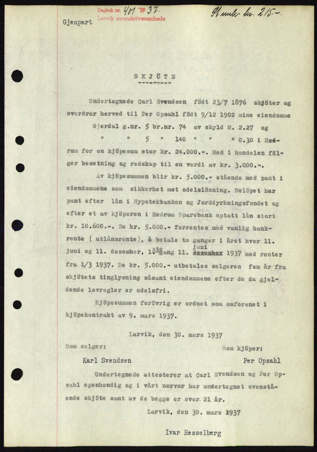 Larvik sorenskriveri, SAKO/A-83/G/Ga/Gab/L0067: Pantebok nr. A-1, 1936-1937, Dagboknr: 401/1937