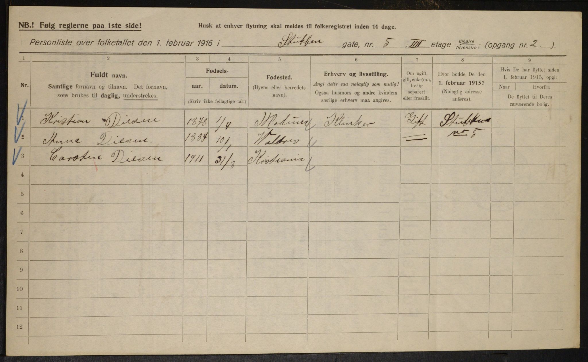 OBA, Kommunal folketelling 1.2.1916 for Kristiania, 1916, s. 107282