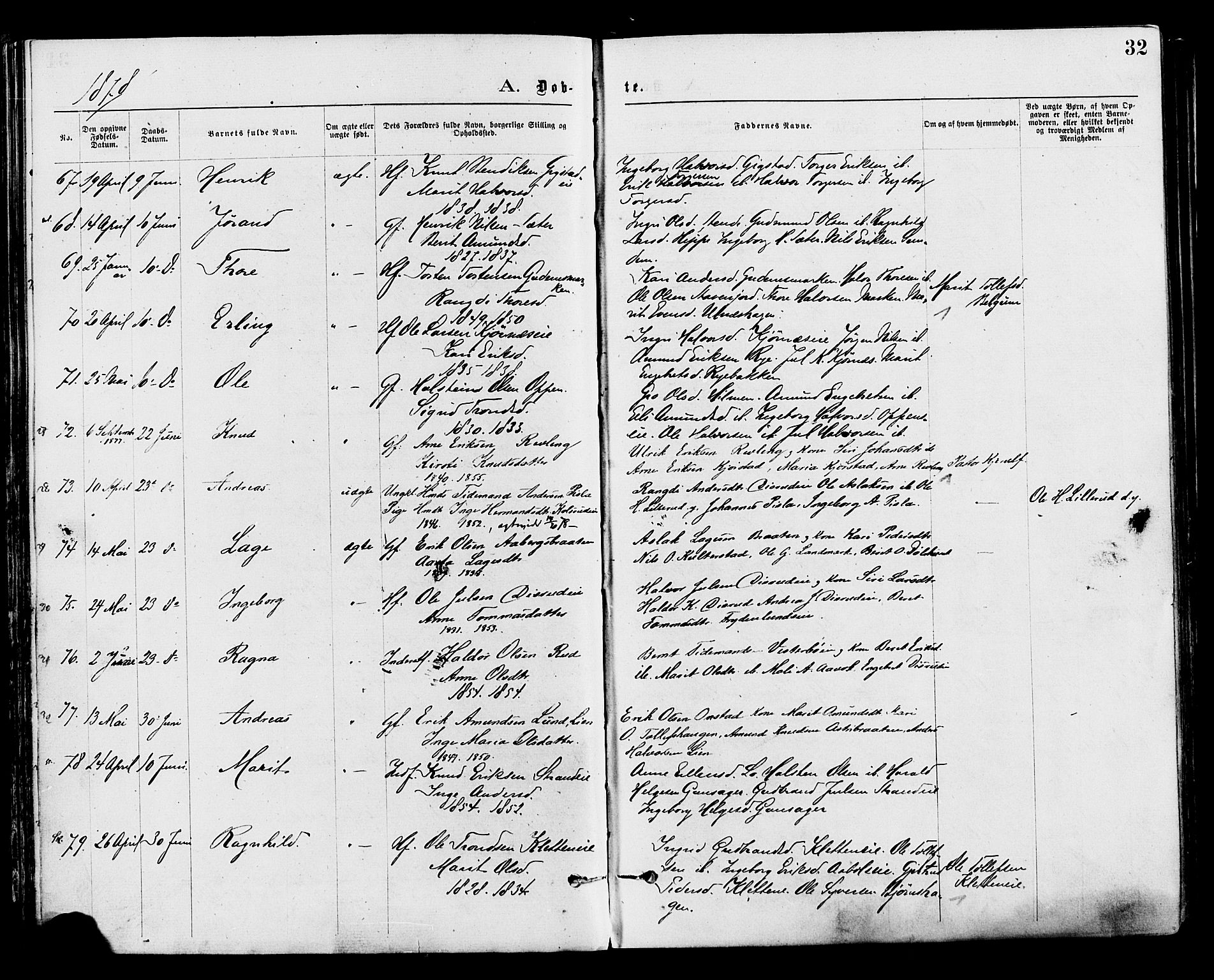 Nord-Aurdal prestekontor, AV/SAH-PREST-132/H/Ha/Haa/L0009: Ministerialbok nr. 9, 1876-1882, s. 32