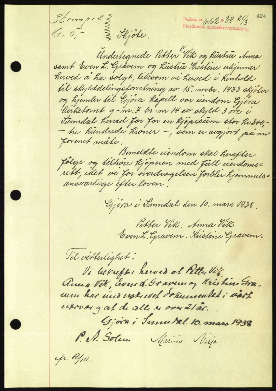 Nordmøre sorenskriveri, SAT/A-4132/1/2/2Ca: Pantebok nr. A83, 1938-1938, Dagboknr: 662/1938