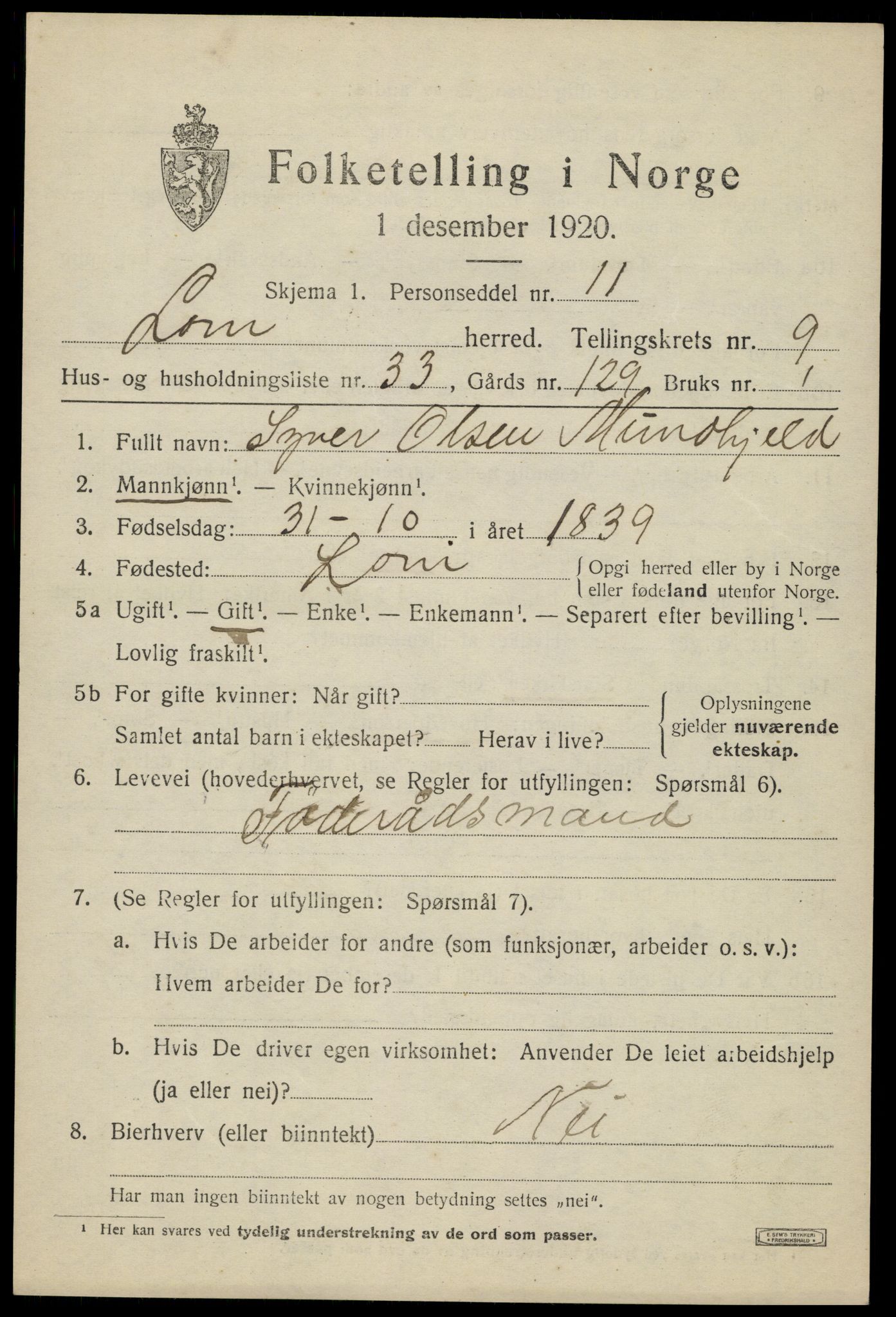 SAH, Folketelling 1920 for 0514 Lom herred, 1920, s. 5458