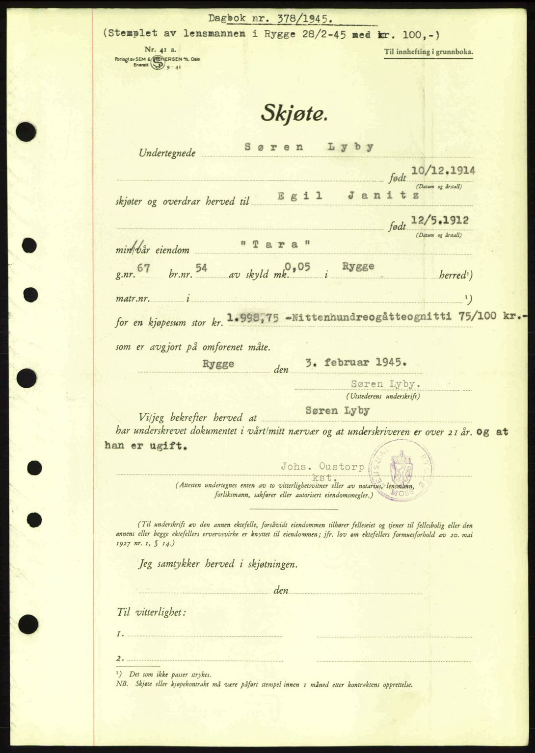 Moss sorenskriveri, SAO/A-10168: Pantebok nr. A13, 1944-1945, Dagboknr: 378/1945