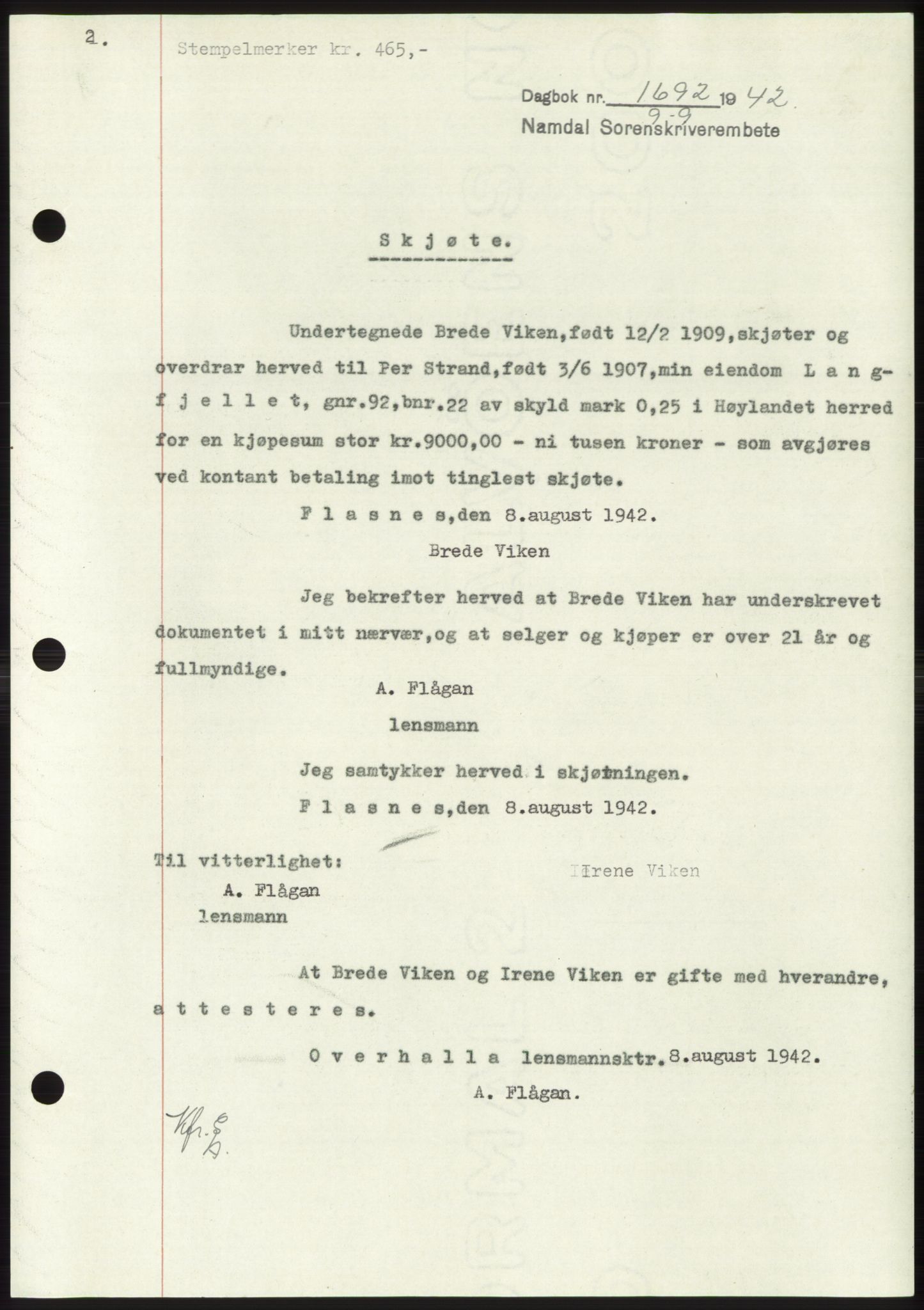 Namdal sorenskriveri, SAT/A-4133/1/2/2C: Pantebok nr. -, 1942-1943, Dagboknr: 1692/1942
