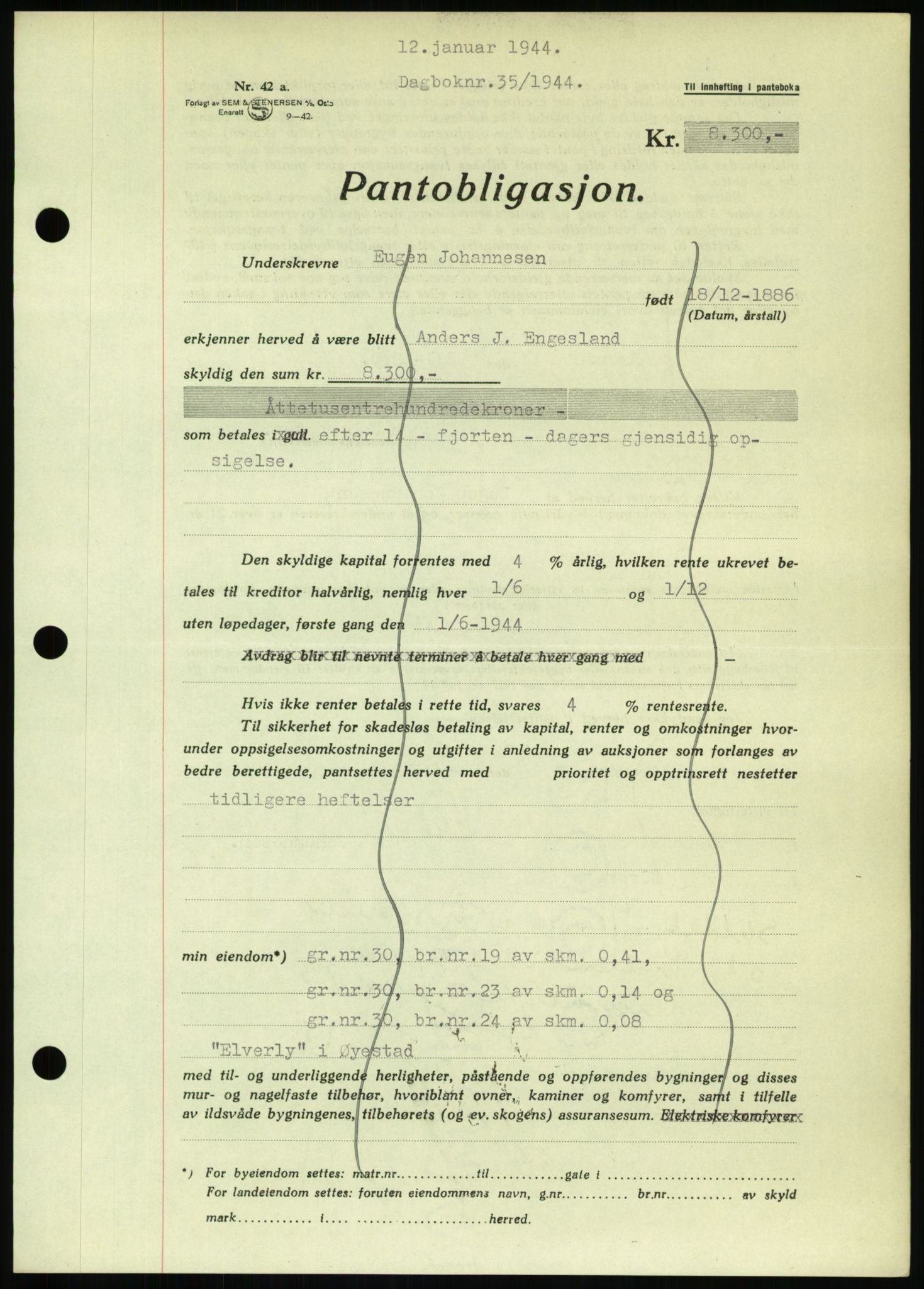 Nedenes sorenskriveri, SAK/1221-0006/G/Gb/Gbb/L0002: Pantebok nr. II, 1942-1945, Dagboknr: 35/1944