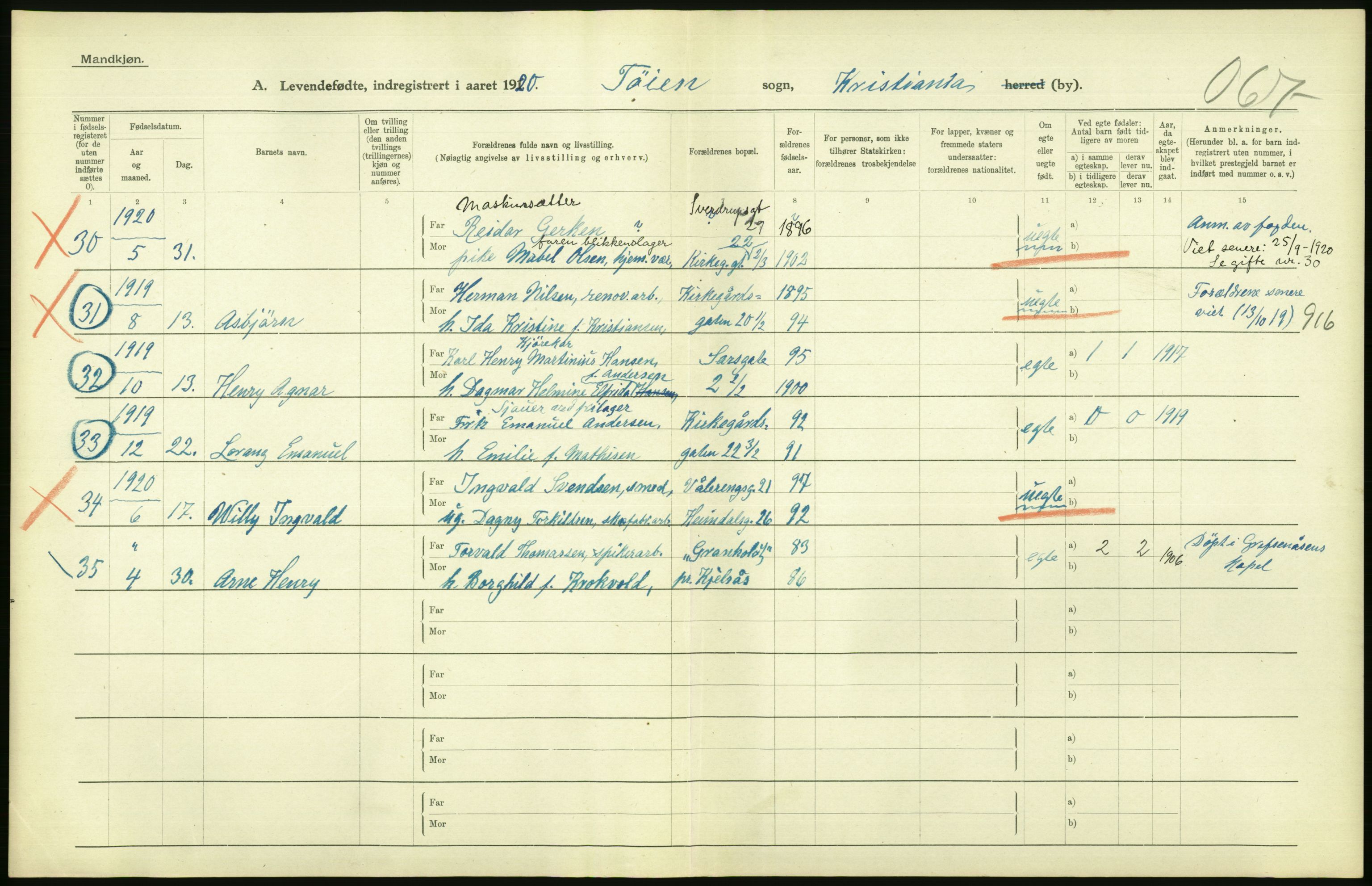 Statistisk sentralbyrå, Sosiodemografiske emner, Befolkning, AV/RA-S-2228/D/Df/Dfb/Dfbj/L0009: Kristiania: Levendefødte menn og kvinner., 1920, s. 12