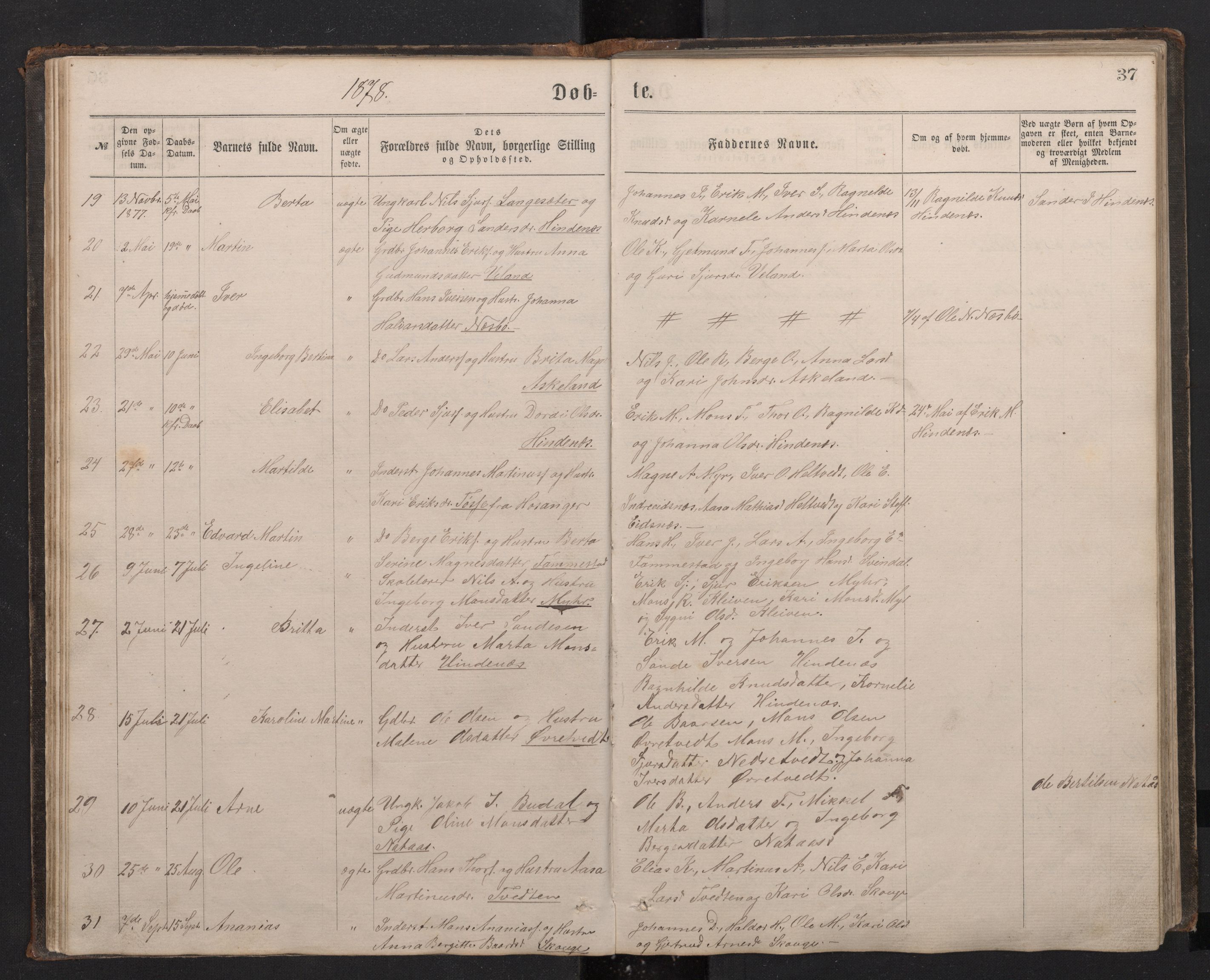 Lindås Sokneprestembete, AV/SAB-A-76701/H/Hab/Habe/L0002: Klokkerbok nr. E 2, 1867-1892, s. 36b-37a