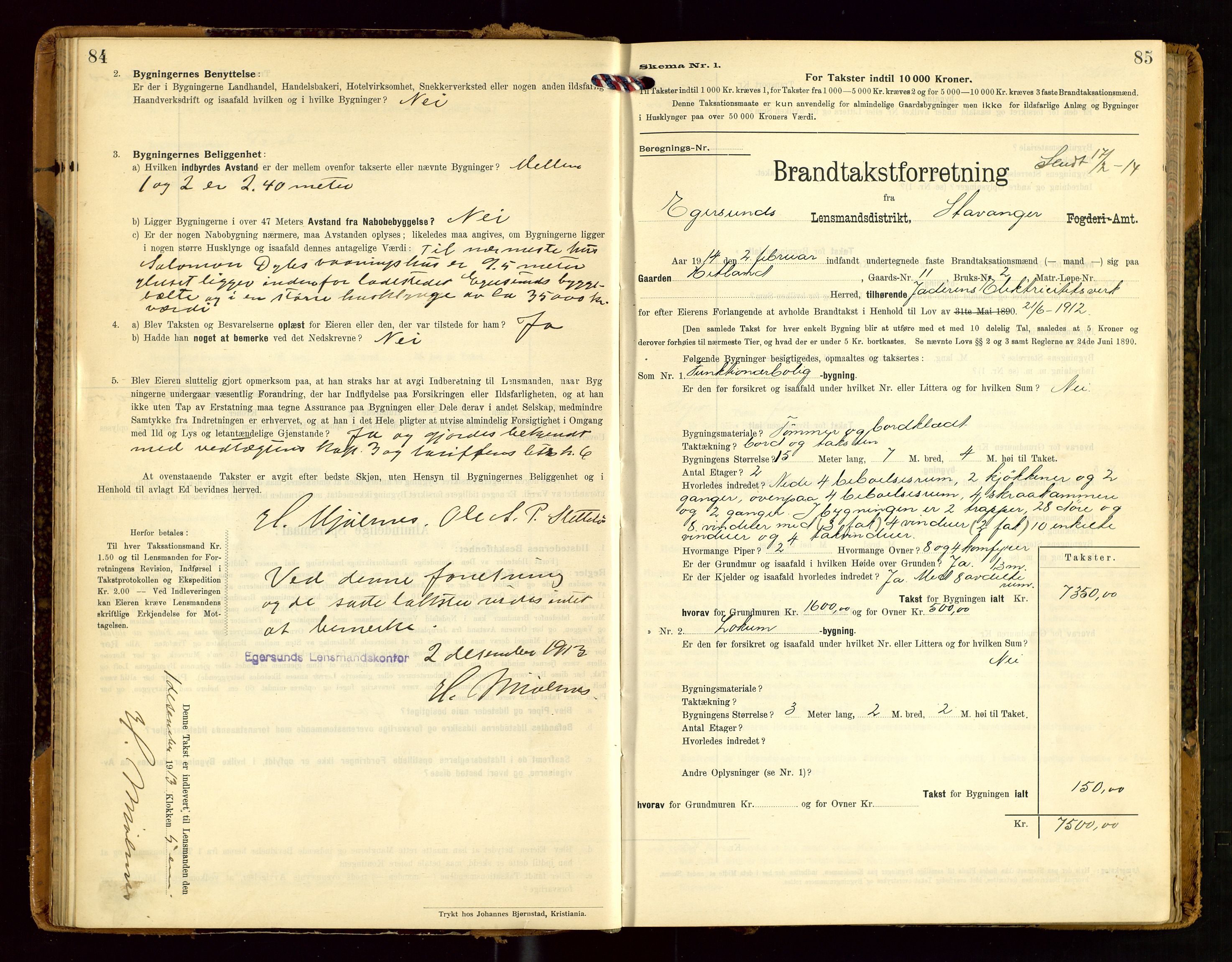 Eigersund lensmannskontor, SAST/A-100171/Gob/L0002: "Brandtakstprotokol", 1910-1916, s. 84-85