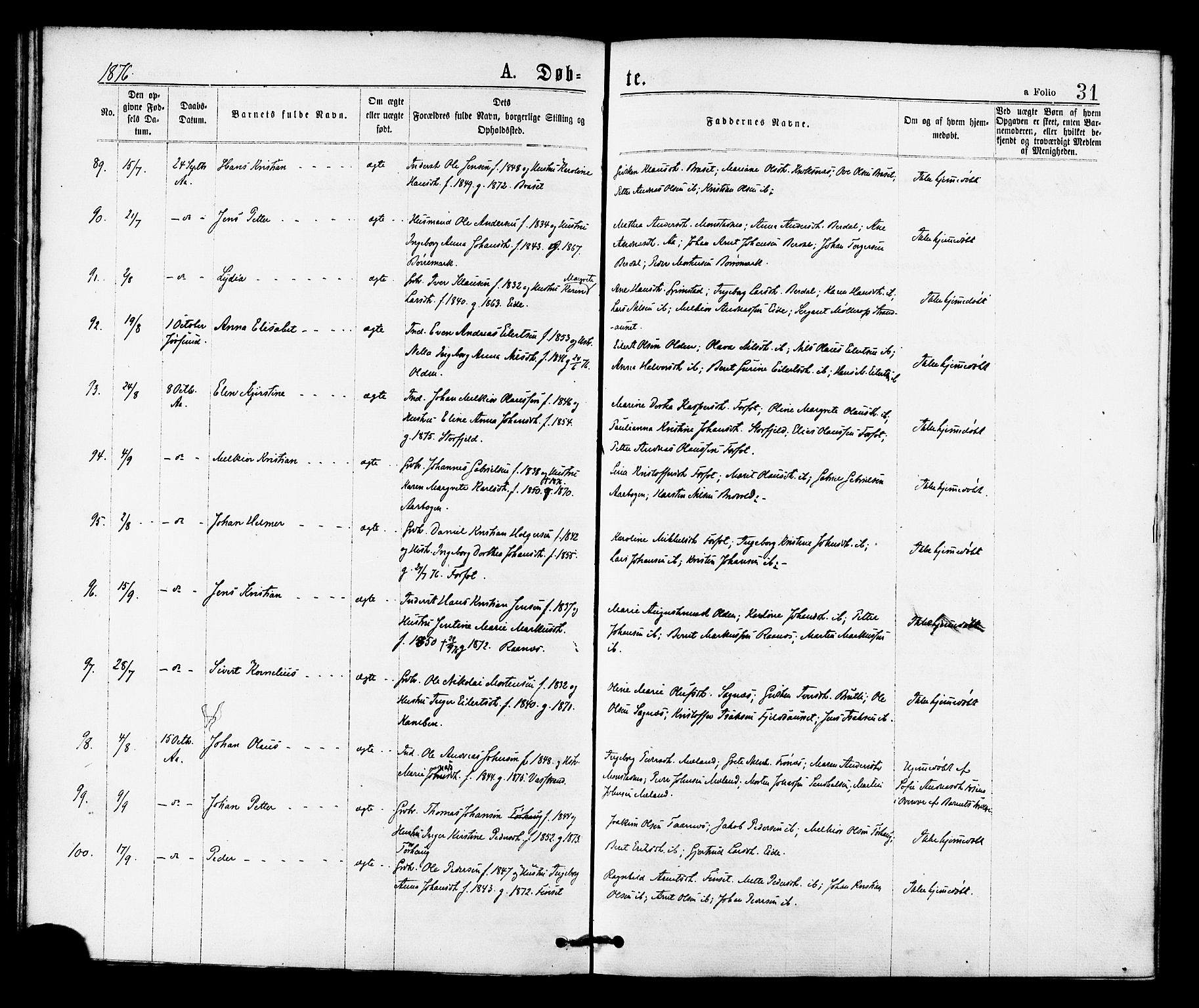 Ministerialprotokoller, klokkerbøker og fødselsregistre - Sør-Trøndelag, SAT/A-1456/655/L0679: Ministerialbok nr. 655A08, 1873-1879, s. 31