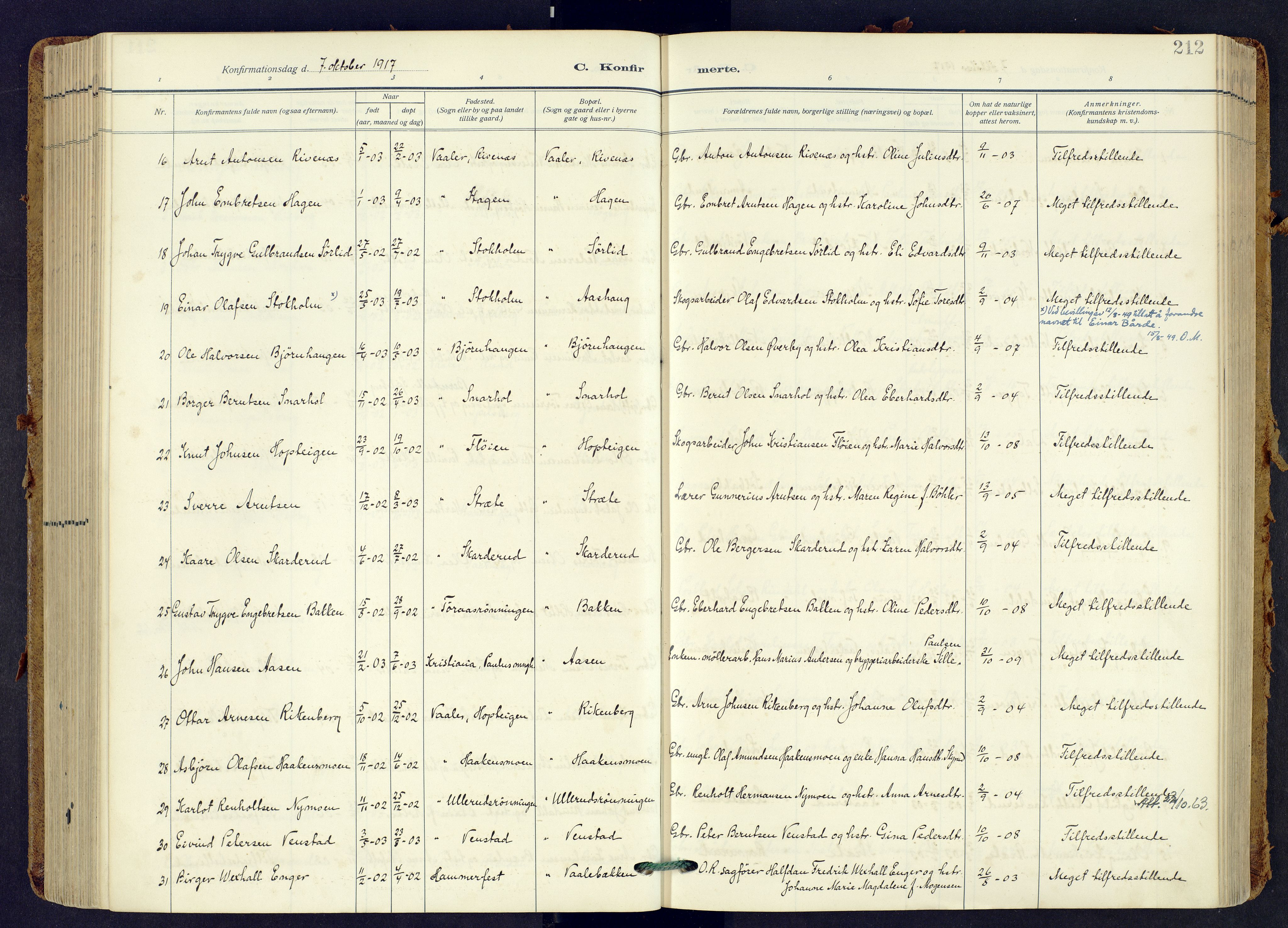 Våler prestekontor, Hedmark, AV/SAH-PREST-040/H/Ha/Haa/L0009: Ministerialbok nr. 9, 1912-1940, s. 212