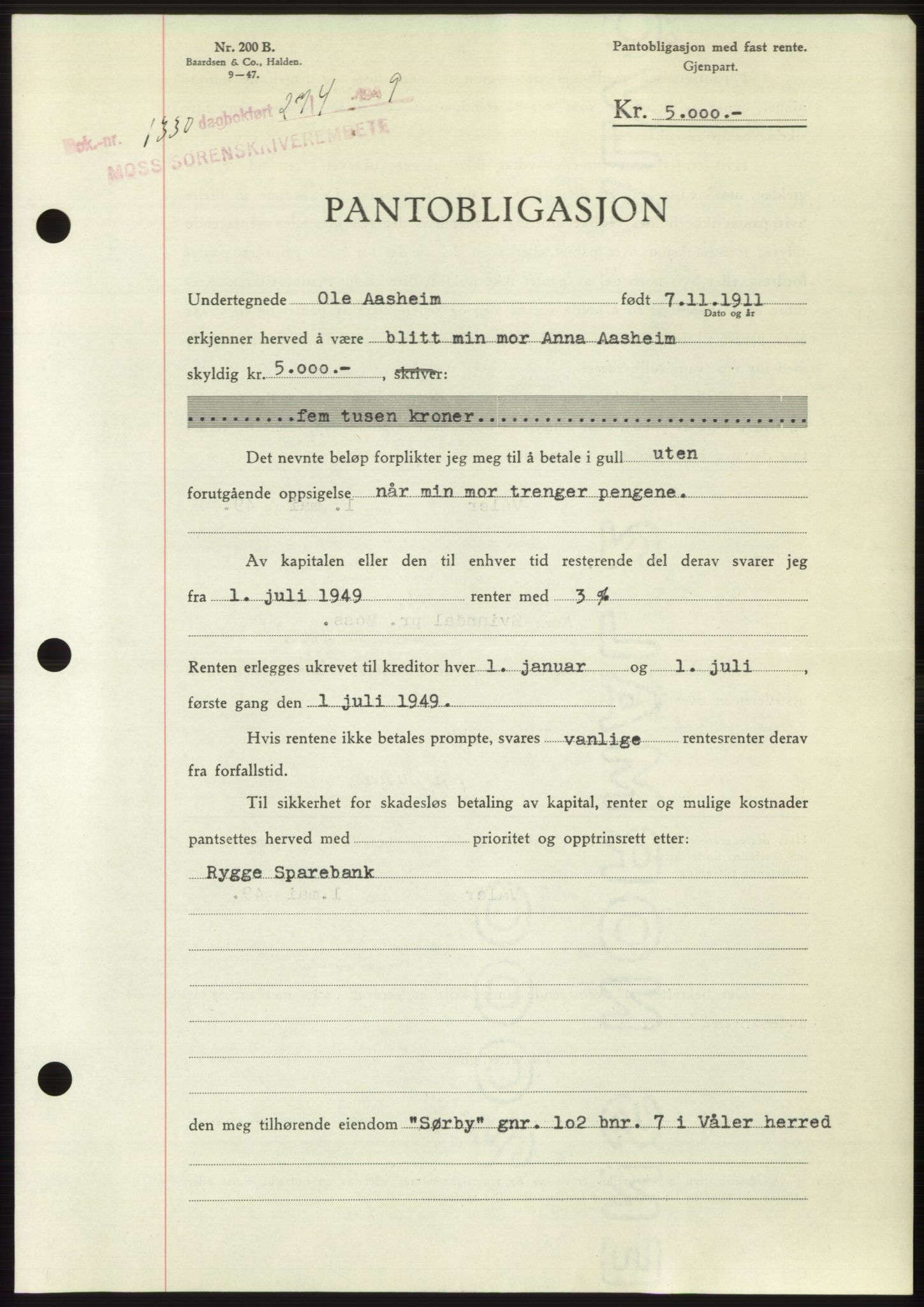 Moss sorenskriveri, SAO/A-10168: Pantebok nr. B21, 1949-1949, Dagboknr: 1330/1949