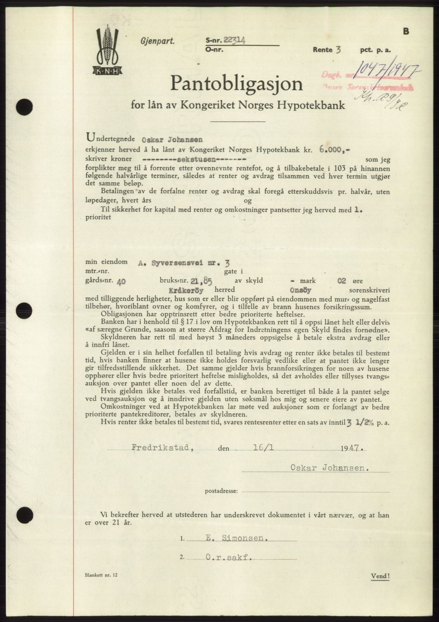 Onsøy sorenskriveri, SAO/A-10474/G/Ga/Gac/L0006: Pantebok nr. B 12-6, 1947-1948, Dagboknr: 1047/1947