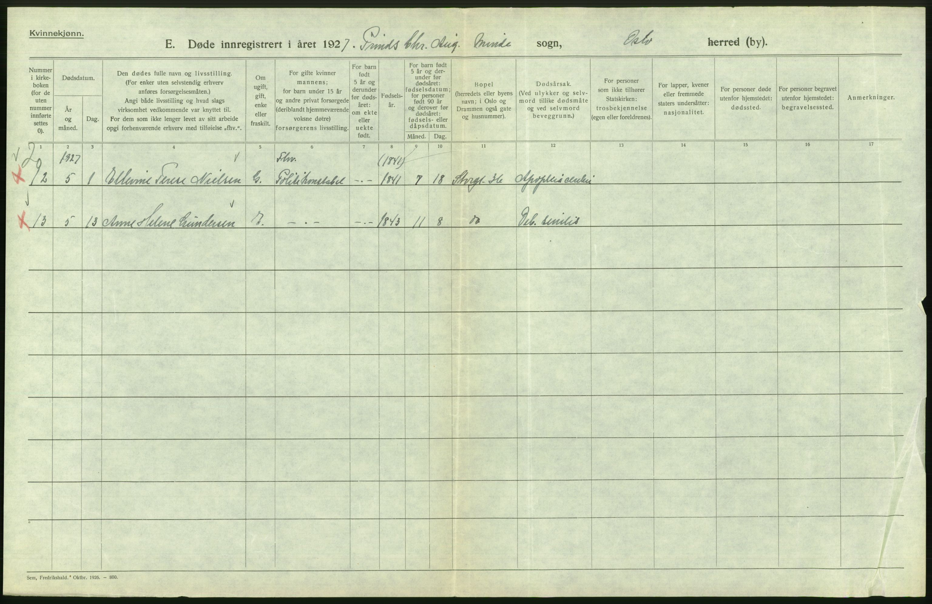 Statistisk sentralbyrå, Sosiodemografiske emner, Befolkning, AV/RA-S-2228/D/Df/Dfc/Dfcg/L0010: Oslo: Døde kvinner, dødfødte, 1927, s. 630