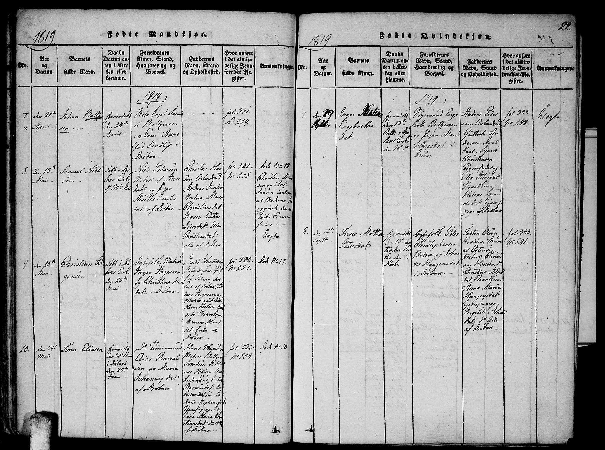 Drøbak prestekontor Kirkebøker, AV/SAO-A-10142a/F/Fa/L0001: Ministerialbok nr. I 1, 1816-1842, s. 22