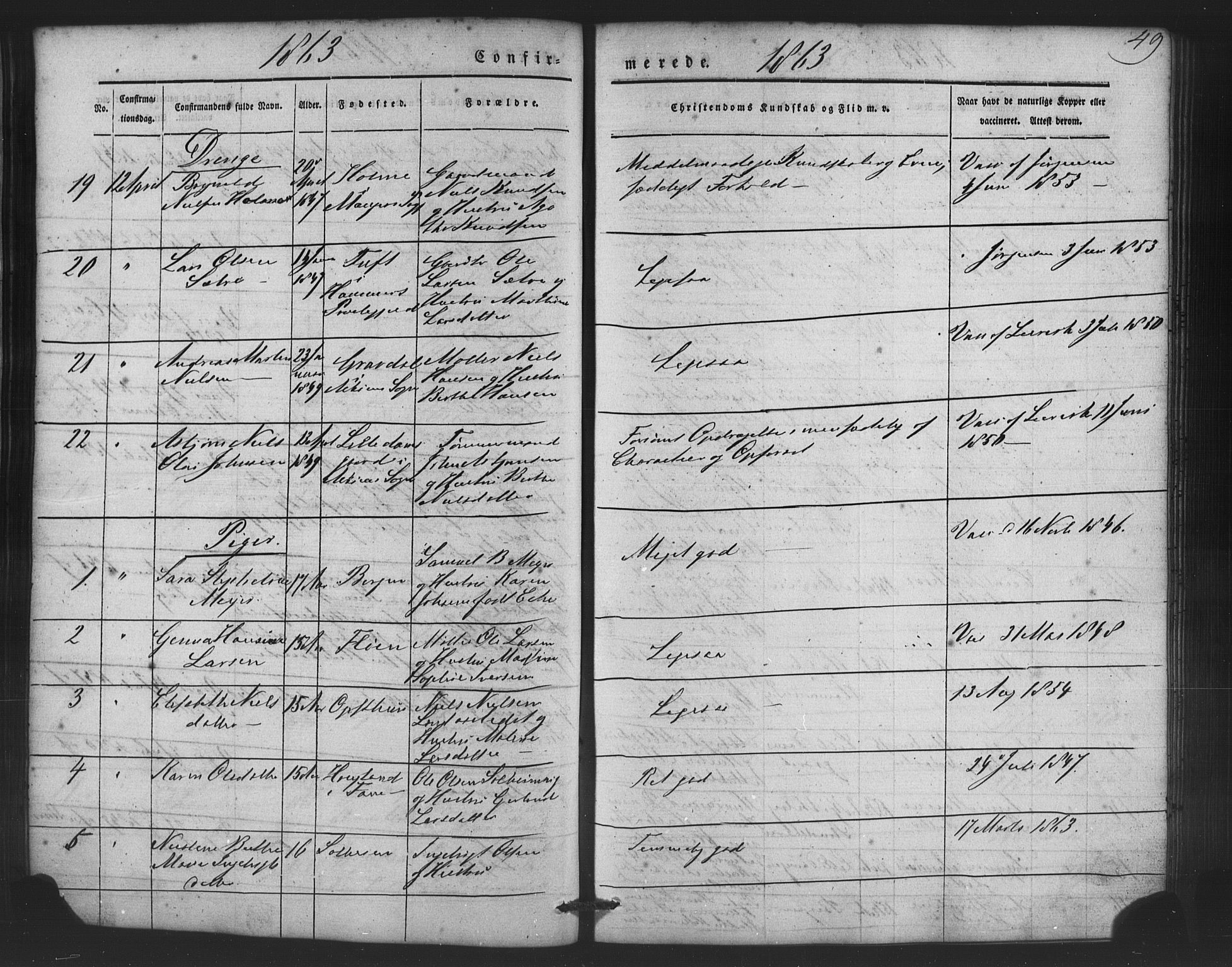 St. Jørgens hospital og Årstad sokneprestembete, AV/SAB-A-99934: Klokkerbok nr. A 5, 1844-1871, s. 49