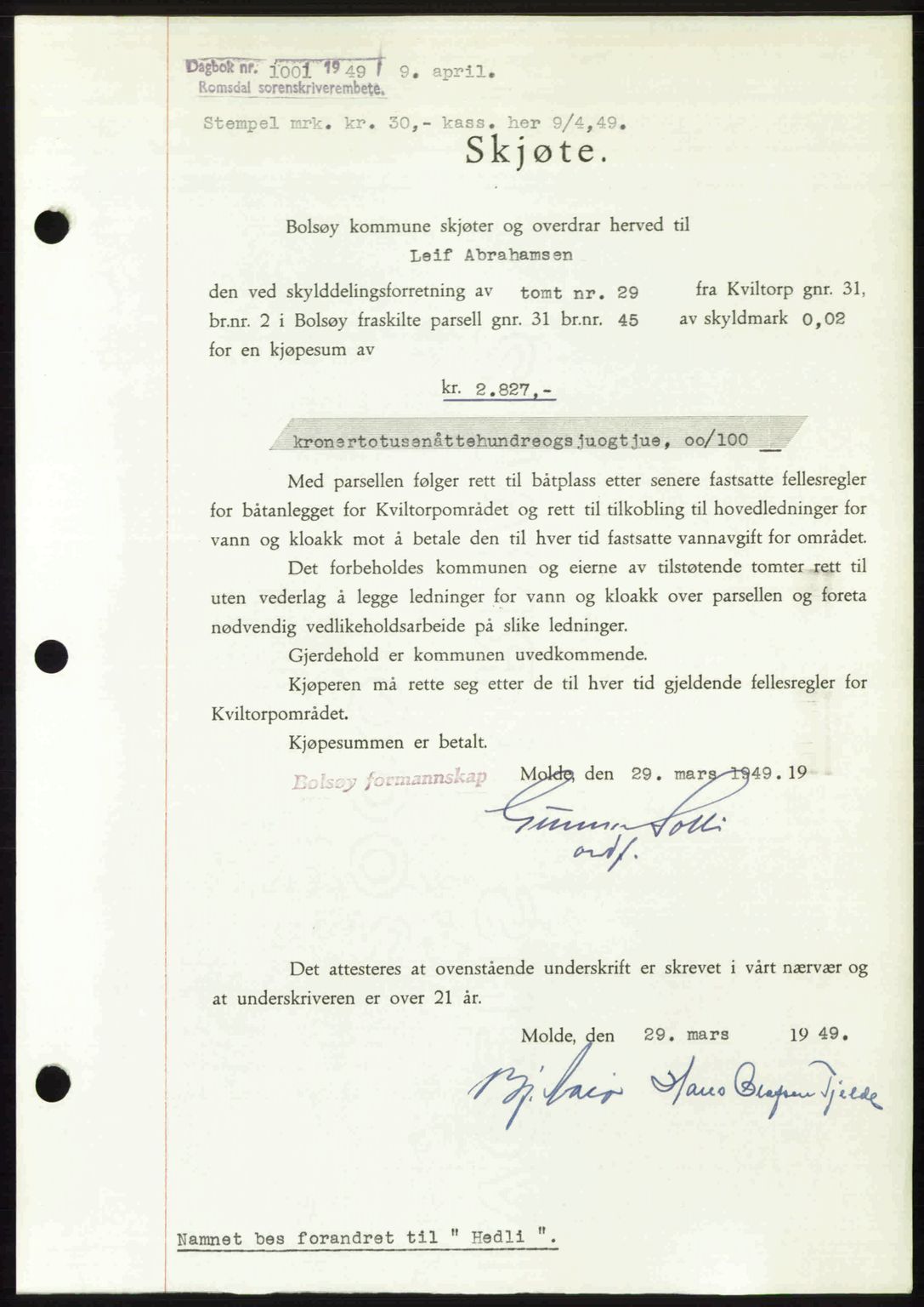 Romsdal sorenskriveri, SAT/A-4149/1/2/2C: Pantebok nr. A29, 1949-1949, Dagboknr: 1001/1949