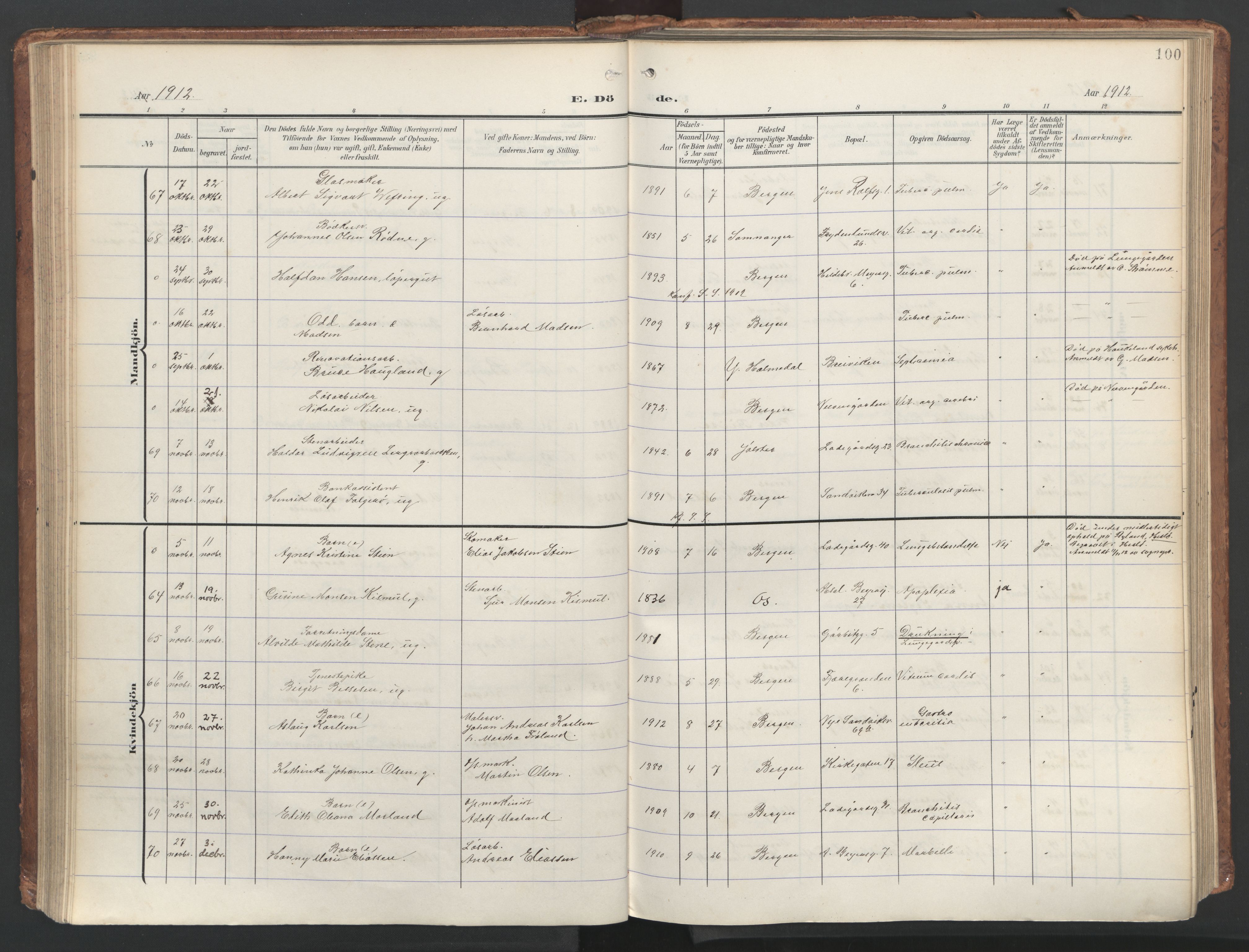 Sandviken Sokneprestembete, AV/SAB-A-77601/H/Ha/L0019: Ministerialbok nr. E 2, 1905-1933, s. 100