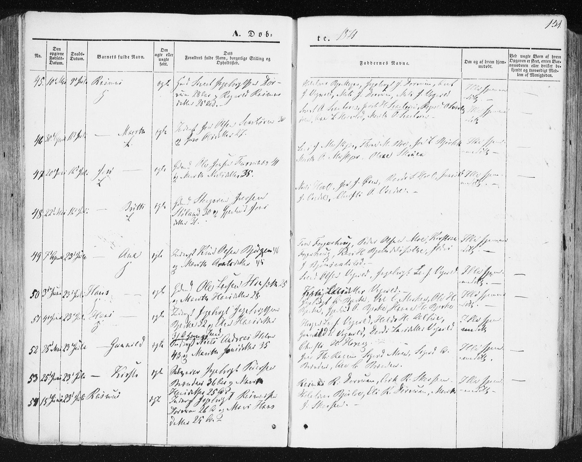 Ministerialprotokoller, klokkerbøker og fødselsregistre - Sør-Trøndelag, SAT/A-1456/678/L0899: Ministerialbok nr. 678A08, 1848-1872, s. 154
