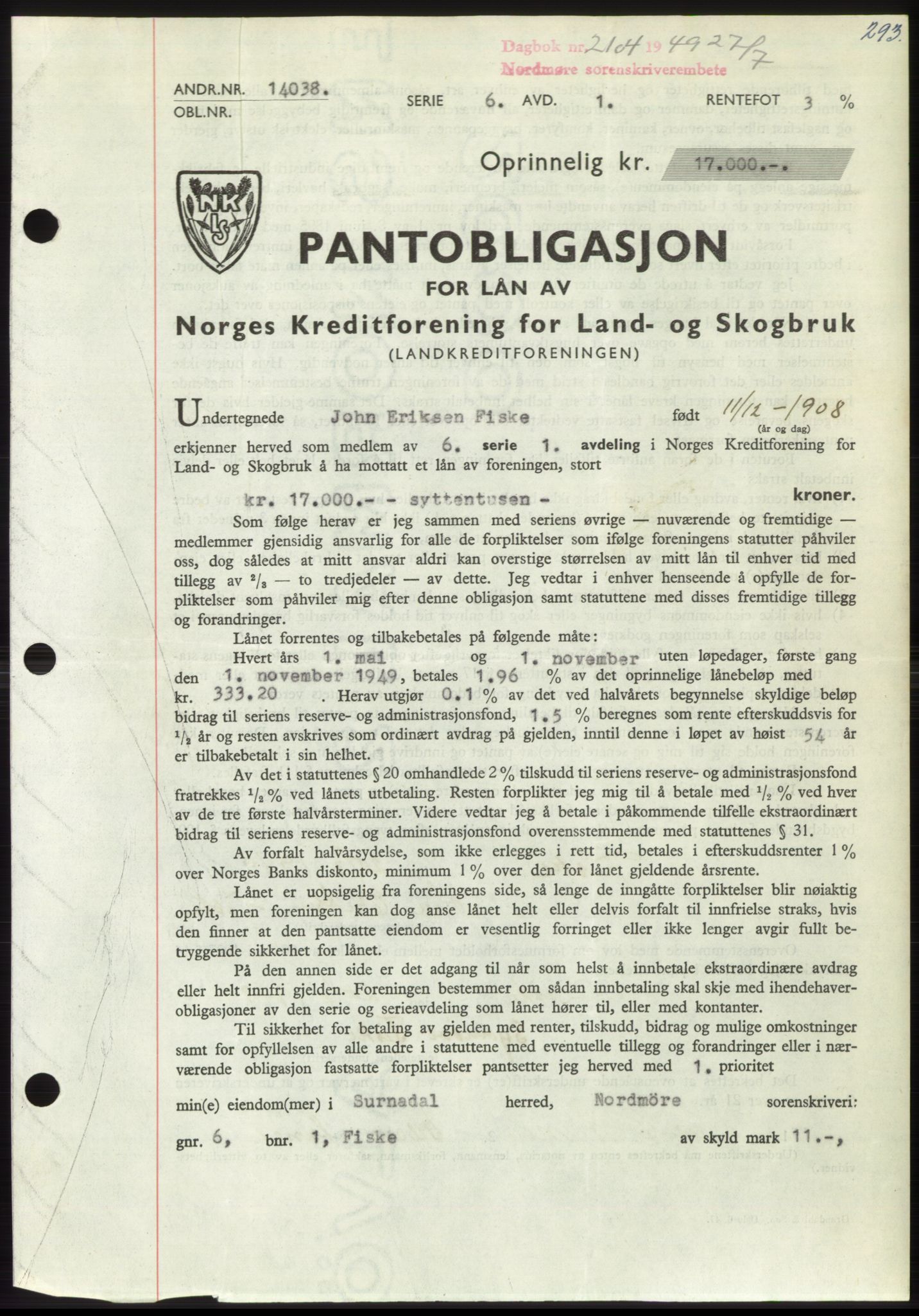 Nordmøre sorenskriveri, SAT/A-4132/1/2/2Ca: Pantebok nr. B102, 1949-1949, Dagboknr: 2104/1949