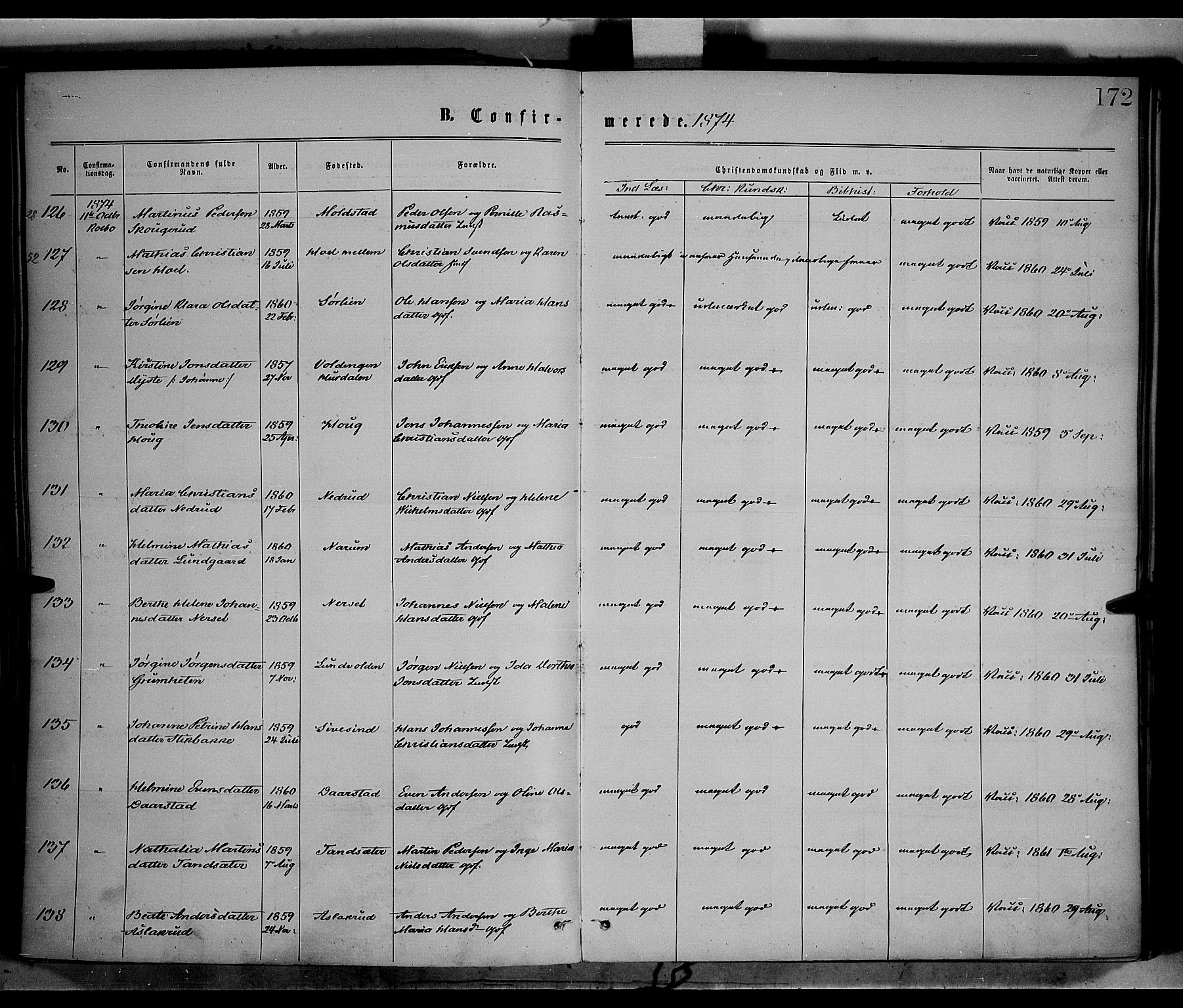 Vestre Toten prestekontor, SAH/PREST-108/H/Ha/Haa/L0008: Ministerialbok nr. 8, 1870-1877, s. 172
