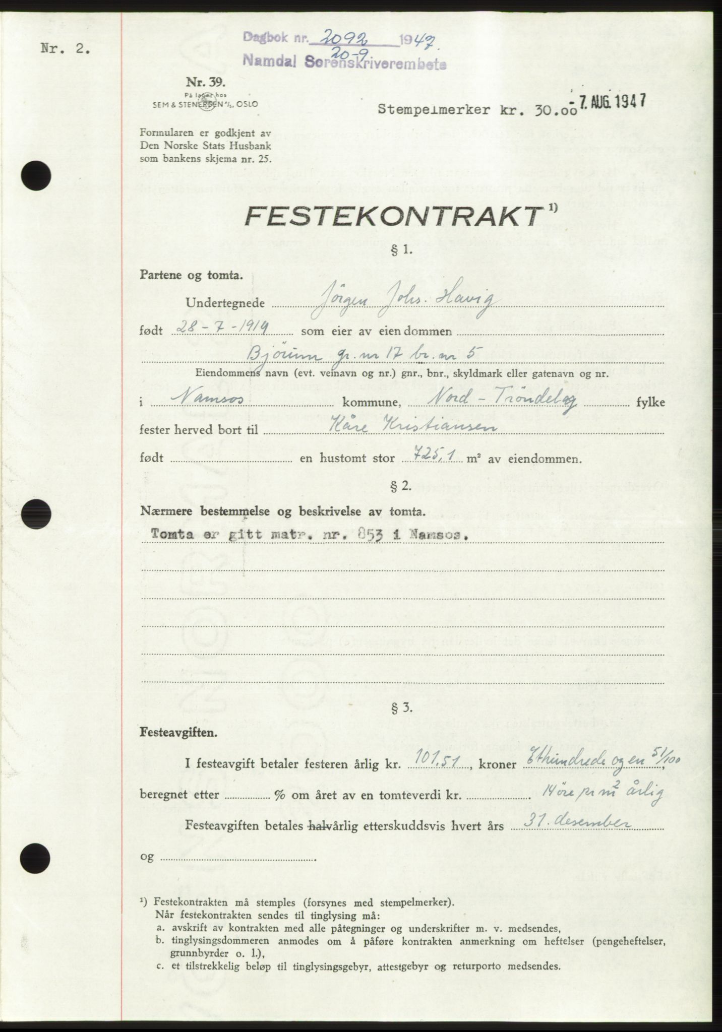 Namdal sorenskriveri, SAT/A-4133/1/2/2C: Pantebok nr. -, 1947-1947, Dagboknr: 2092/1947