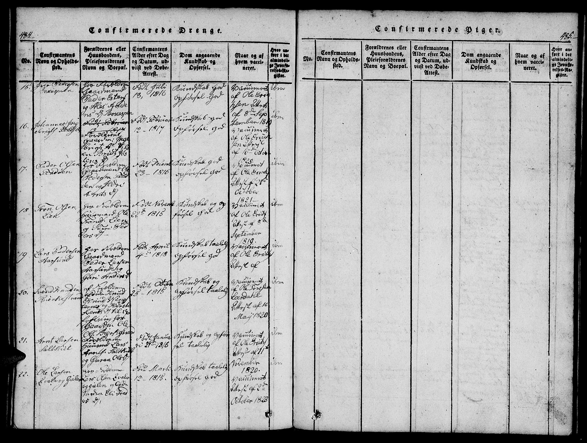 Ministerialprotokoller, klokkerbøker og fødselsregistre - Møre og Romsdal, AV/SAT-A-1454/573/L0873: Klokkerbok nr. 573C01, 1819-1834, s. 484-485