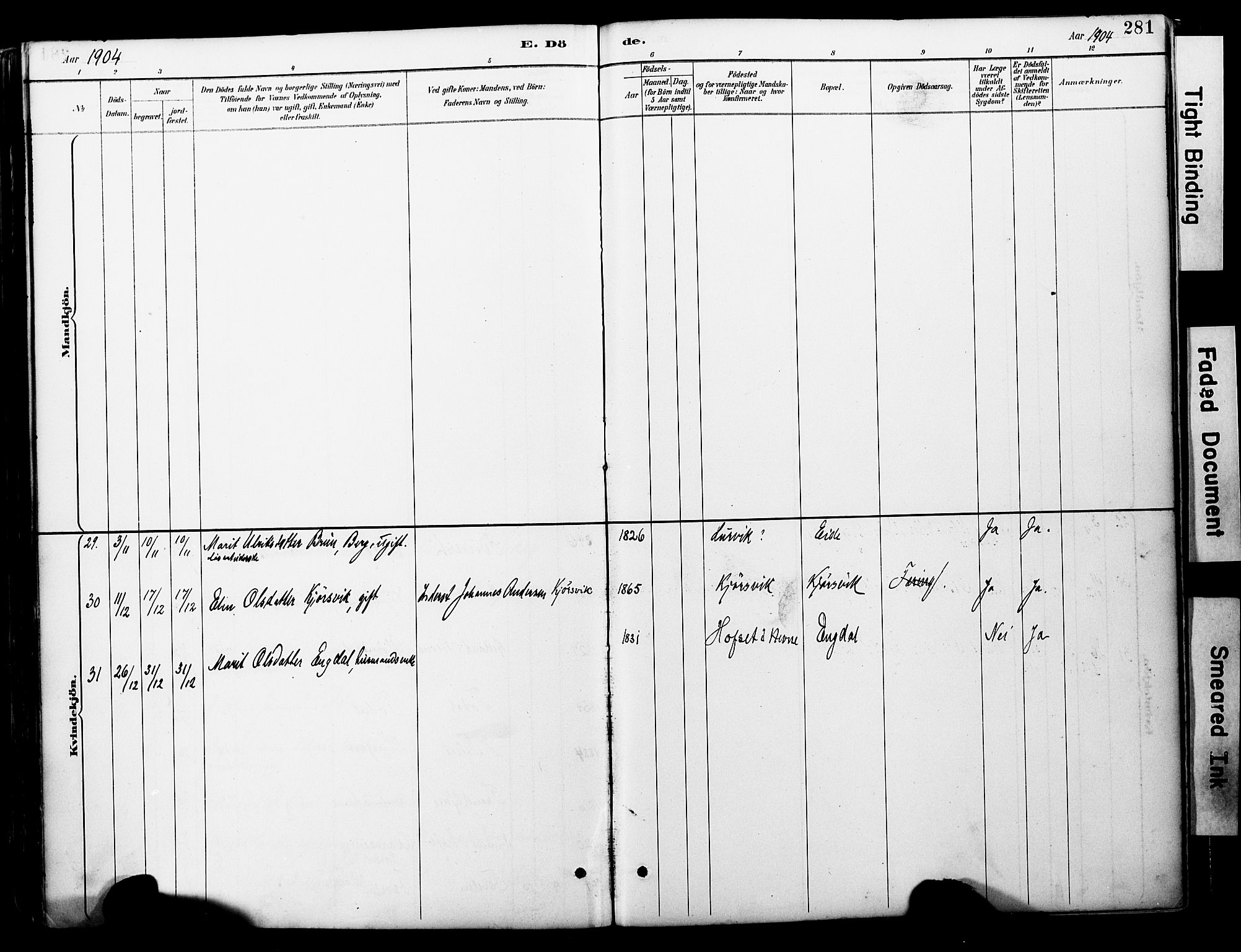 Ministerialprotokoller, klokkerbøker og fødselsregistre - Møre og Romsdal, AV/SAT-A-1454/578/L0907: Ministerialbok nr. 578A06, 1887-1904, s. 281