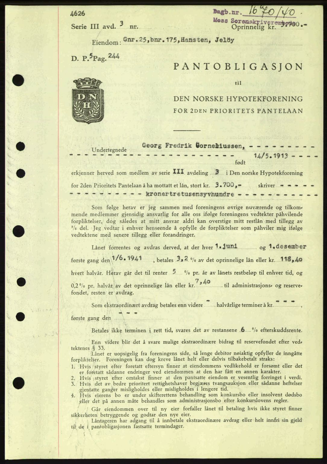 Moss sorenskriveri, SAO/A-10168: Pantebok nr. B10, 1940-1941, Dagboknr: 1670/1940