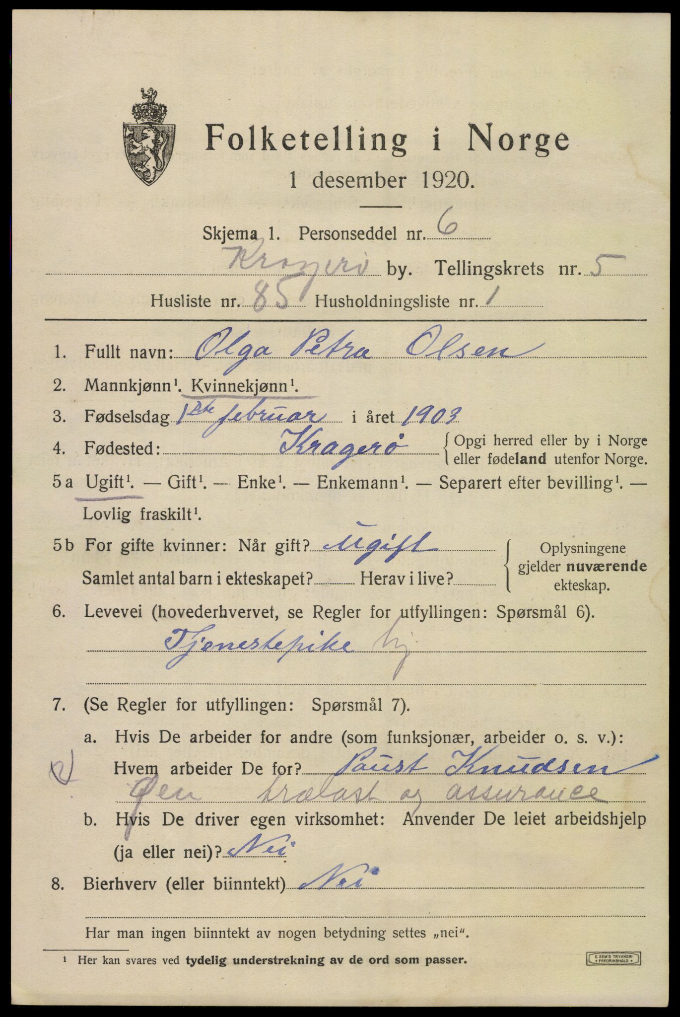 SAKO, Folketelling 1920 for 0801 Kragerø kjøpstad, 1920, s. 9047