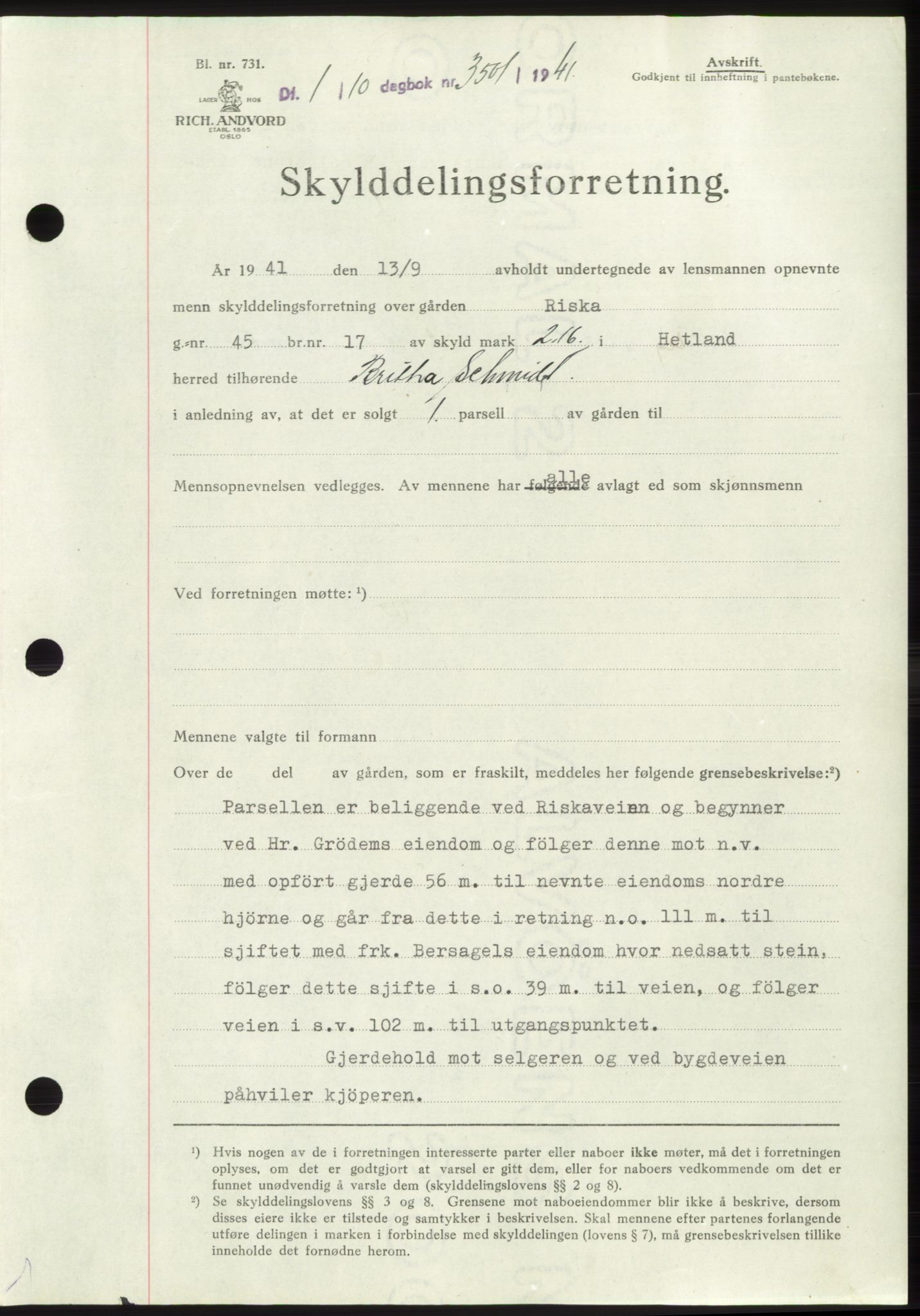 Jæren sorenskriveri, SAST/A-100310/03/G/Gba/L0081: Pantebok, 1941-1941, Dagboknr: 3501/1941