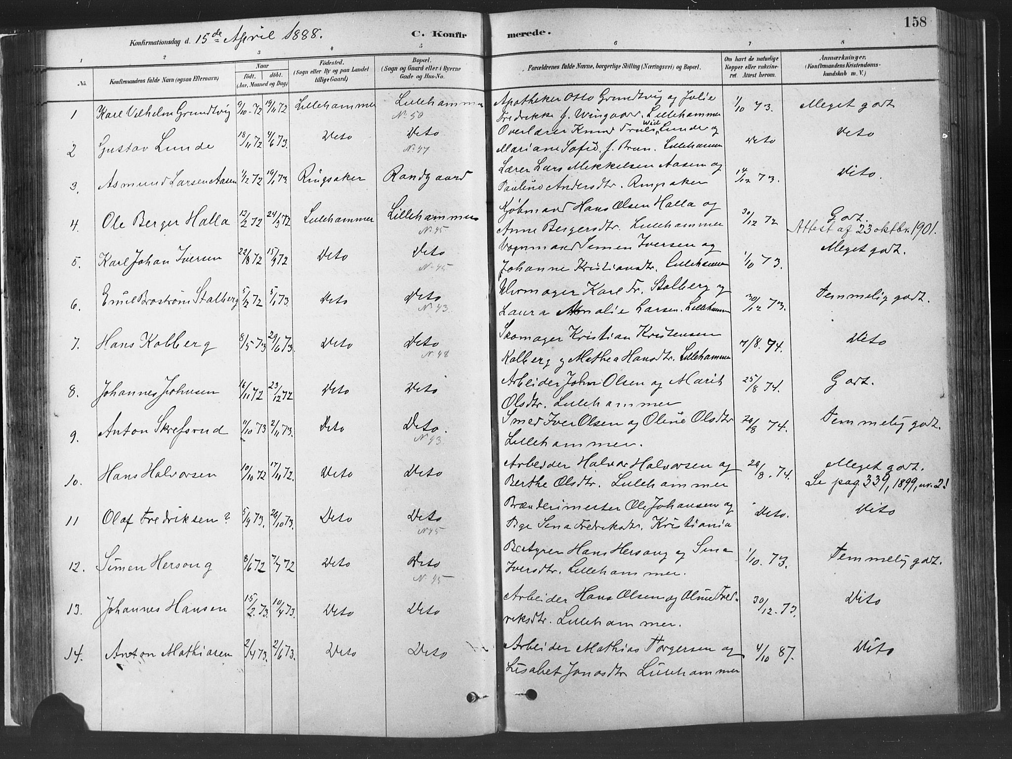 Fåberg prestekontor, AV/SAH-PREST-086/H/Ha/Haa/L0010: Ministerialbok nr. 10, 1879-1900, s. 158