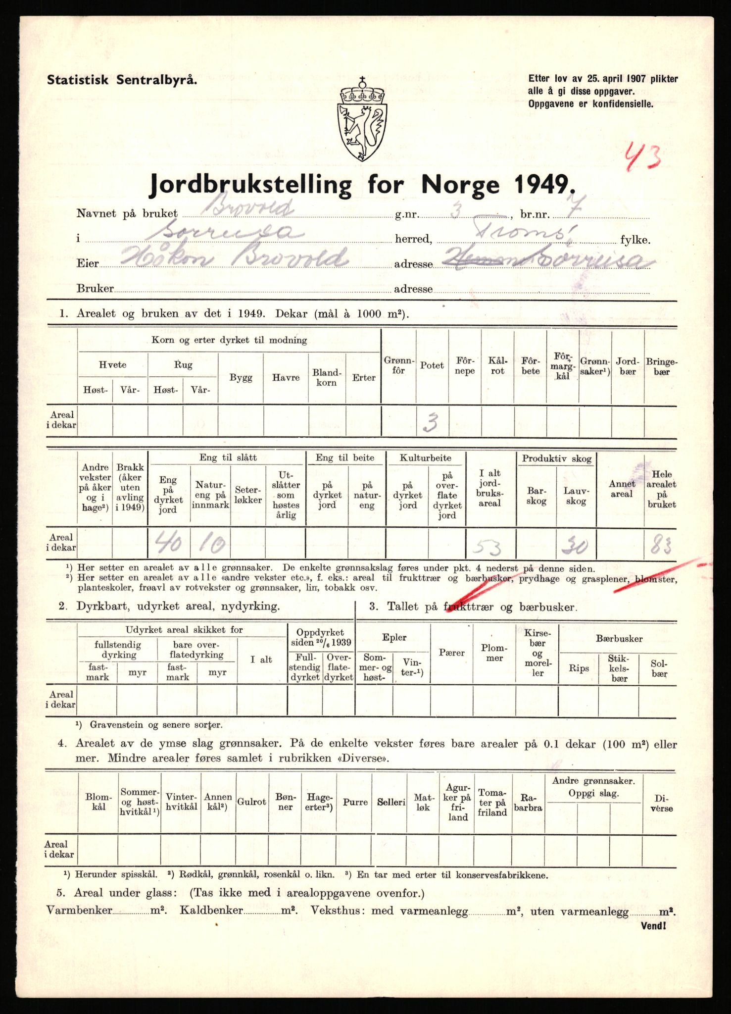 Statistisk sentralbyrå, Næringsøkonomiske emner, Jordbruk, skogbruk, jakt, fiske og fangst, AV/RA-S-2234/G/Gc/L0440: Troms: Sørreisa og Dyrøy, 1949, s. 790