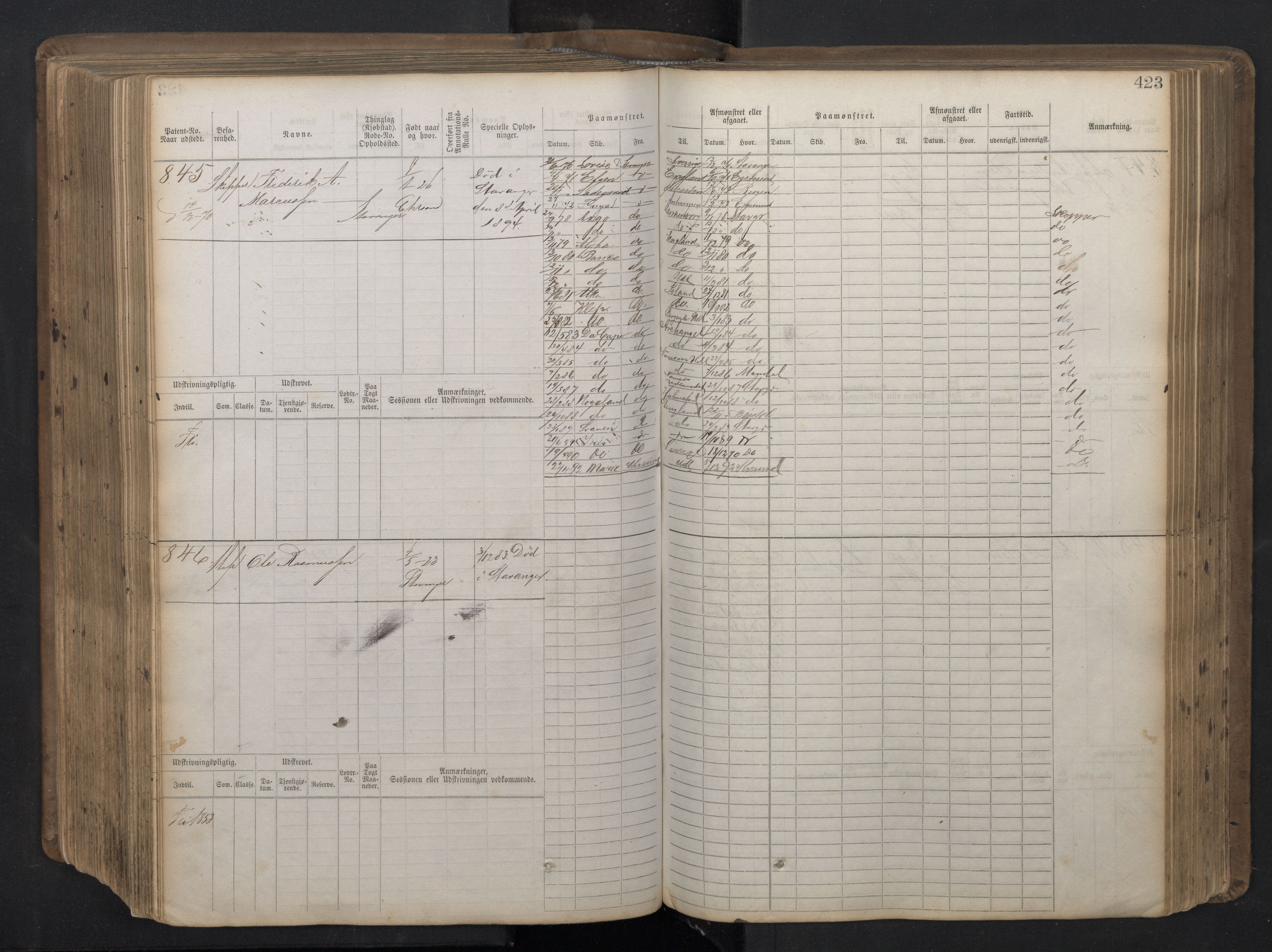 Stavanger sjømannskontor, AV/SAST-A-102006/F/Fb/Fbb/L0016: Sjøfartshovedrulle patnentnr. 1-1202 (dublett), 1869, s. 423