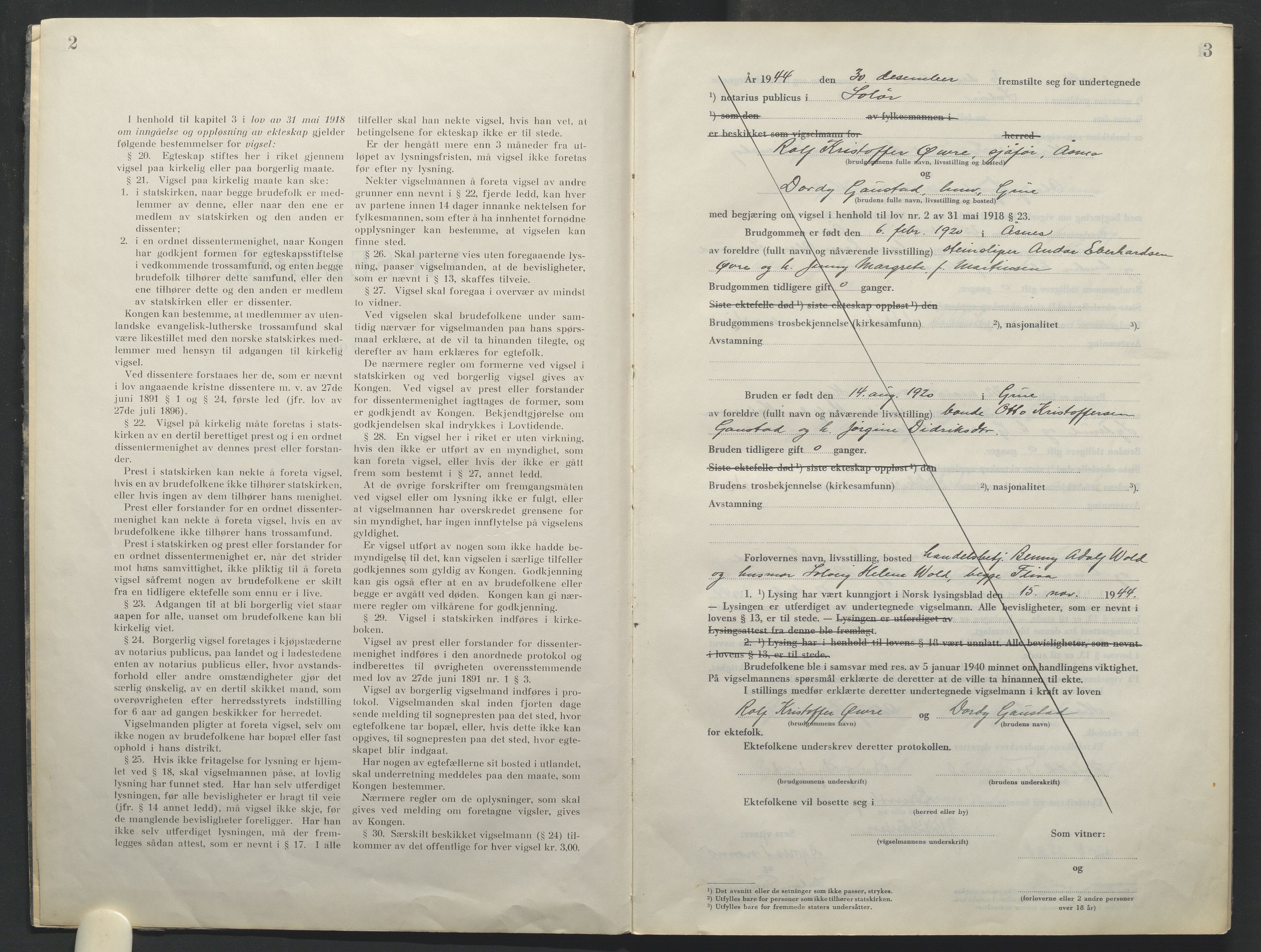Solør tingrett, SAH/TING-008/L/Lb/L0003/0001: Vigselprotokoll / Vigselprotokoll, 1944-1961, s. 2-3