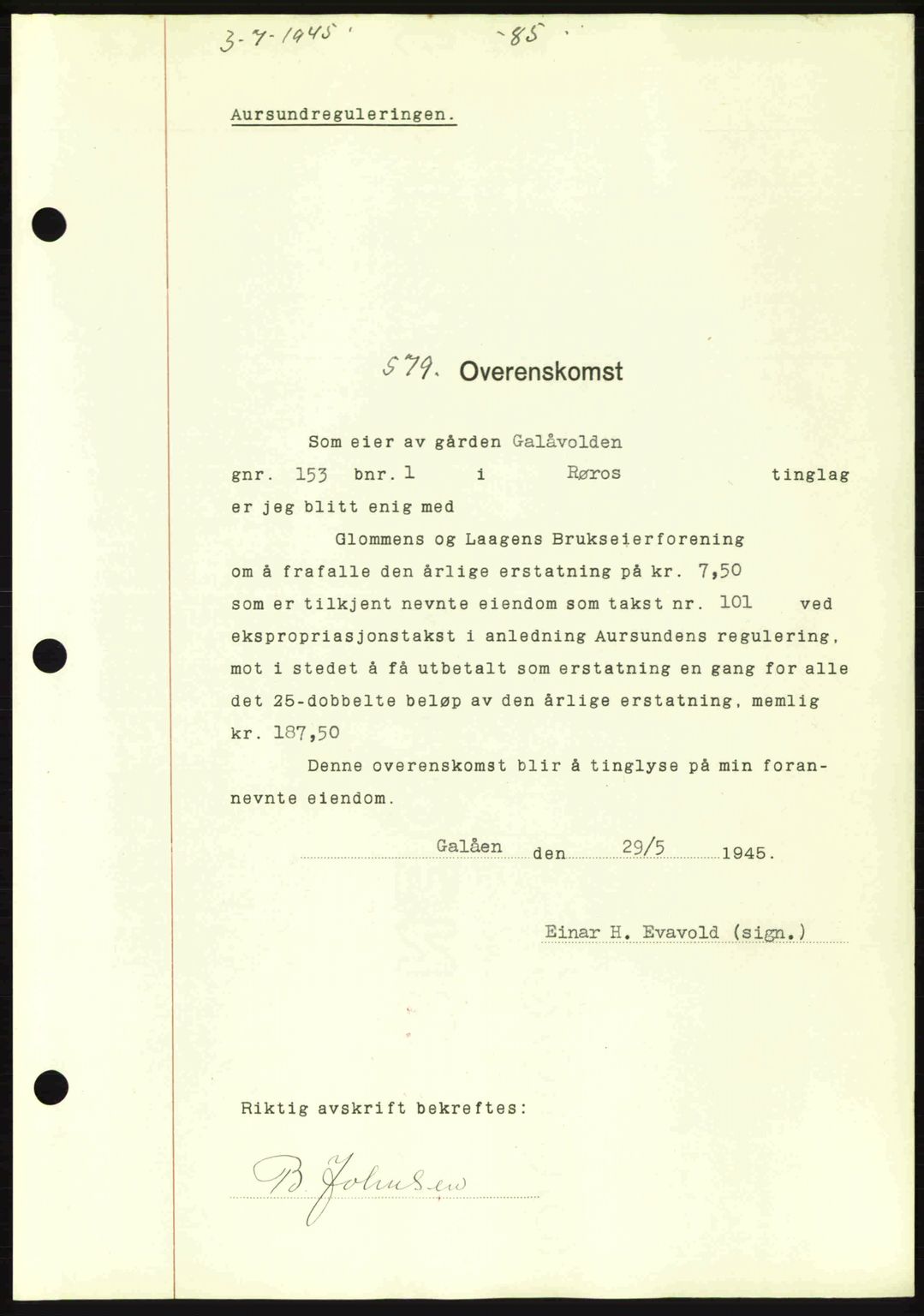 Gauldal sorenskriveri, SAT/A-0014/1/2/2C: Pantebok nr. A1a, 1945-1945, Dagboknr: 579/1945
