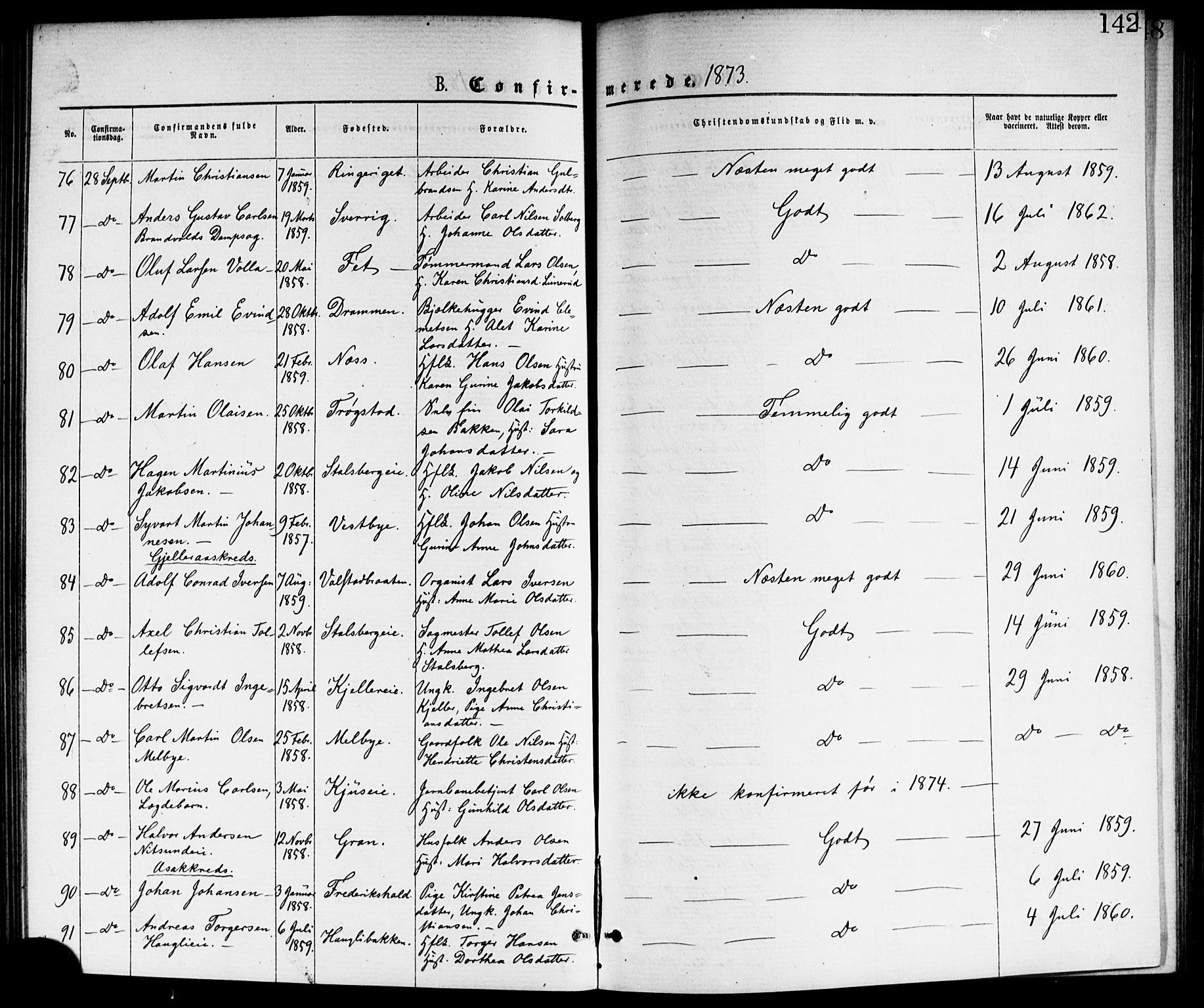 Skedsmo prestekontor Kirkebøker, AV/SAO-A-10033a/G/Ga/L0003: Klokkerbok nr. I 3, 1873-1882, s. 142