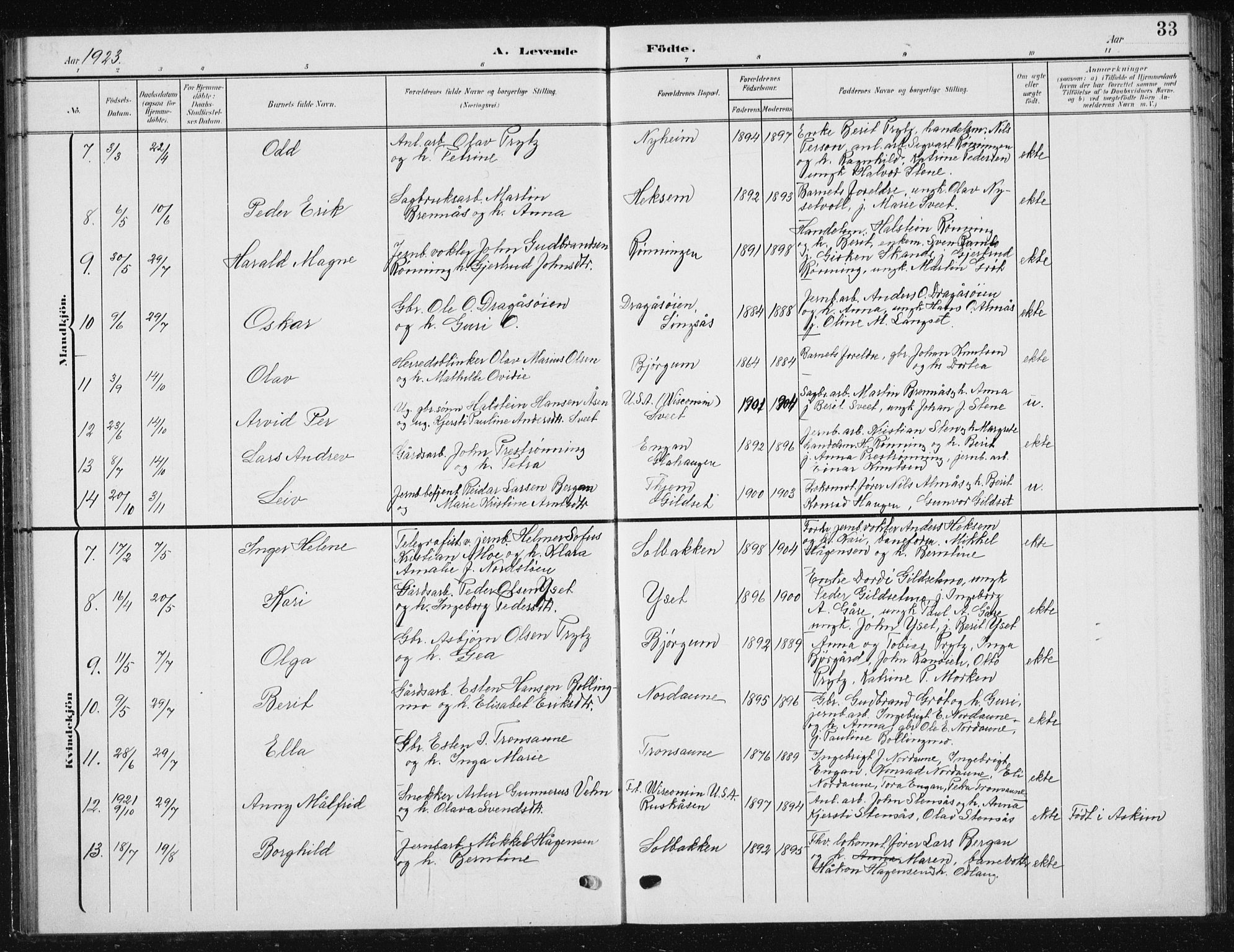 Ministerialprotokoller, klokkerbøker og fødselsregistre - Sør-Trøndelag, SAT/A-1456/685/L0979: Klokkerbok nr. 685C04, 1908-1933, s. 33