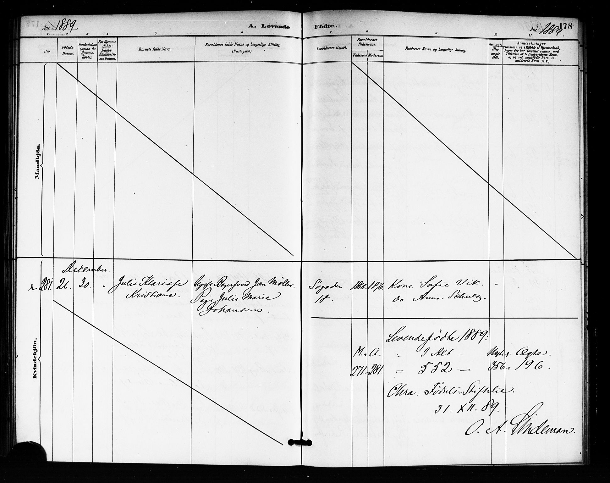 Rikshospitalet prestekontor Kirkebøker, AV/SAO-A-10309b/F/L0007: Ministerialbok nr. 7, 1885-1890, s. 178