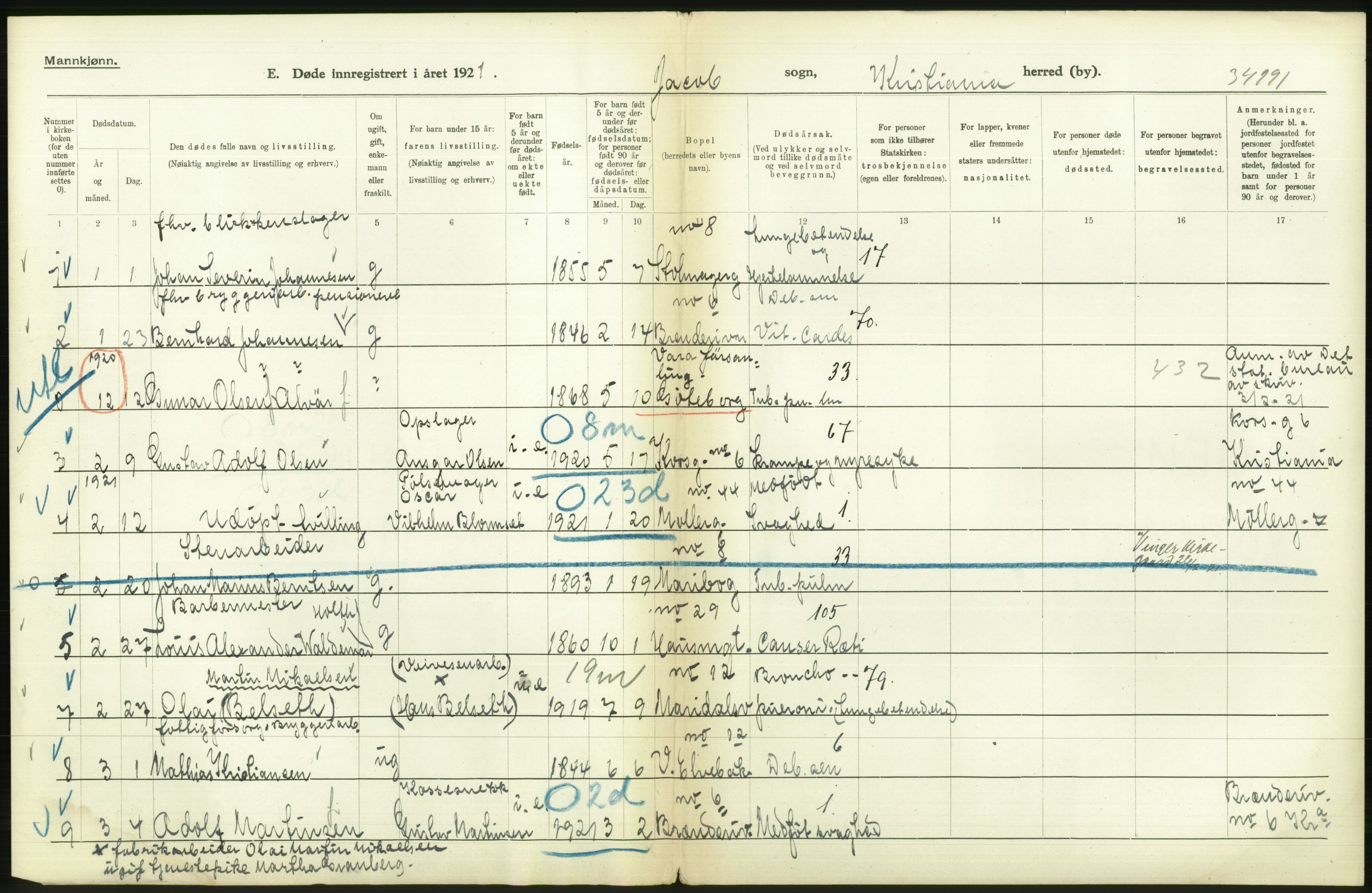 Statistisk sentralbyrå, Sosiodemografiske emner, Befolkning, AV/RA-S-2228/D/Df/Dfc/Dfca/L0012: Kristiania: Døde, 1921, s. 442