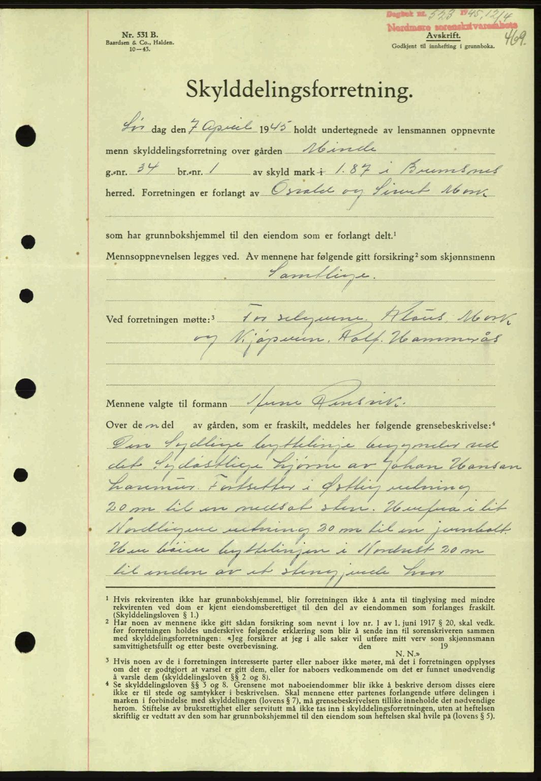 Nordmøre sorenskriveri, SAT/A-4132/1/2/2Ca: Pantebok nr. A99, 1945-1945, Dagboknr: 523/1945